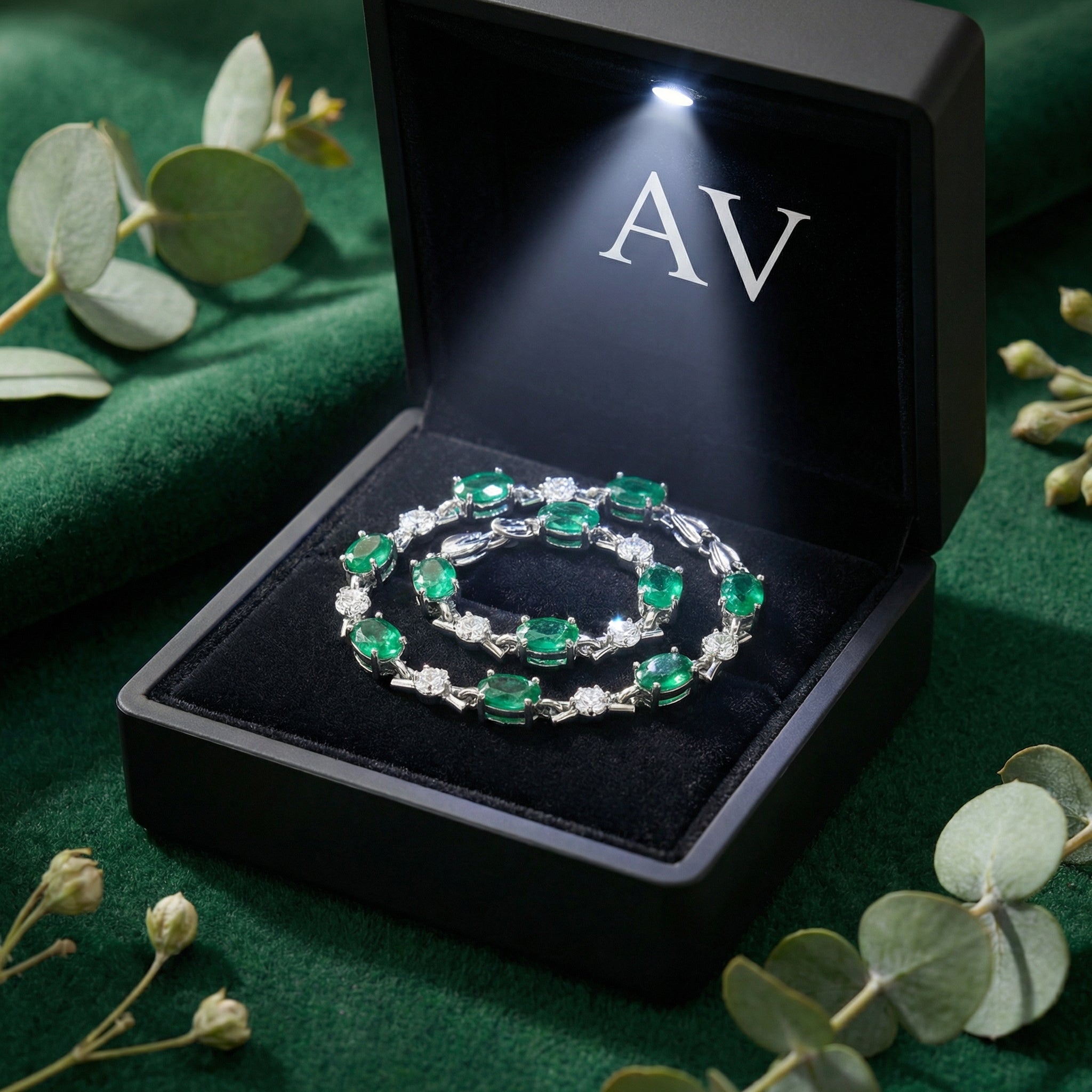 Silver oval-cut simulated emerald bracelet presented in a black LED-lit premium jewelry gift box.