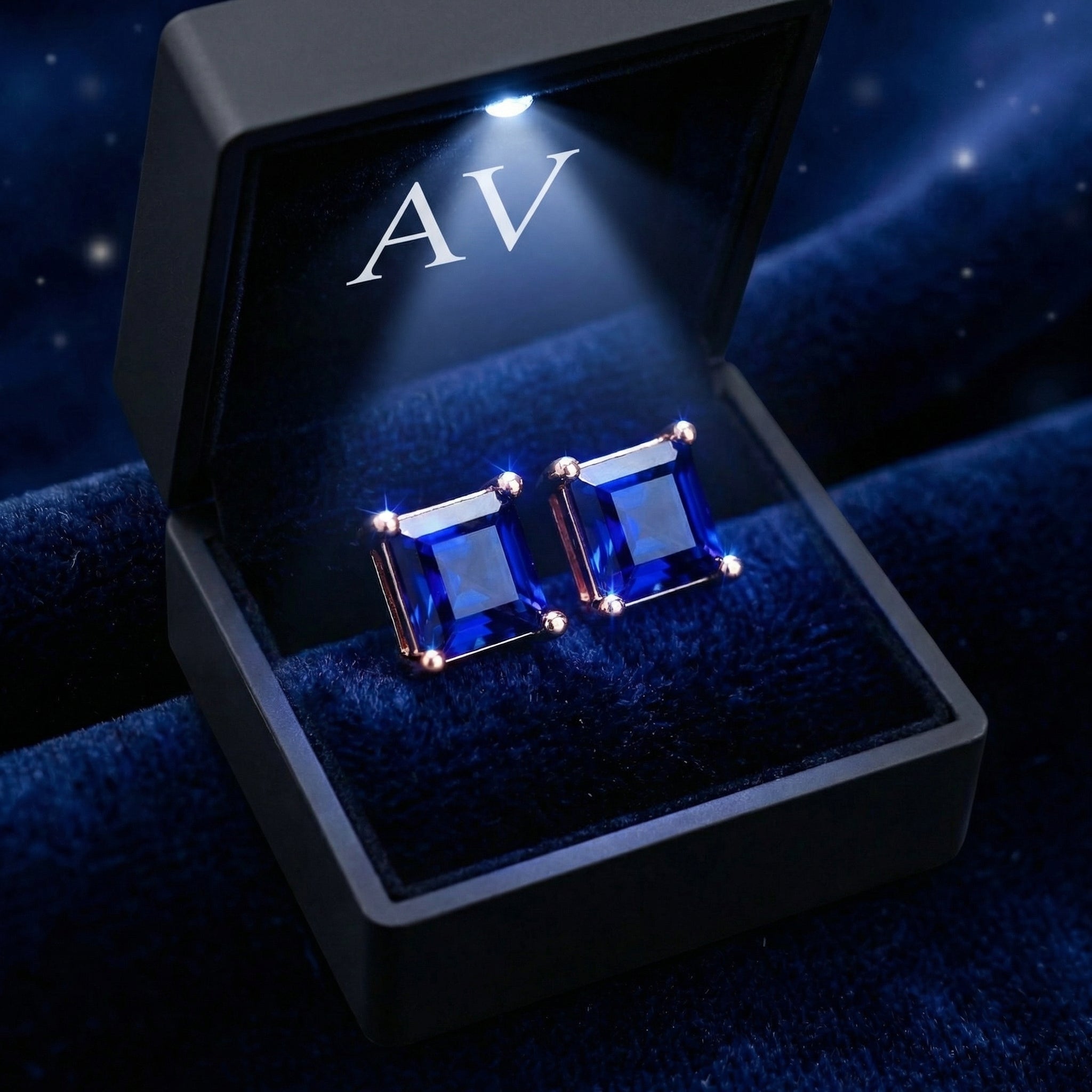 Square simulated sapphire earrings in 18K rose gold vermeil inside a premium lighted black gift box.