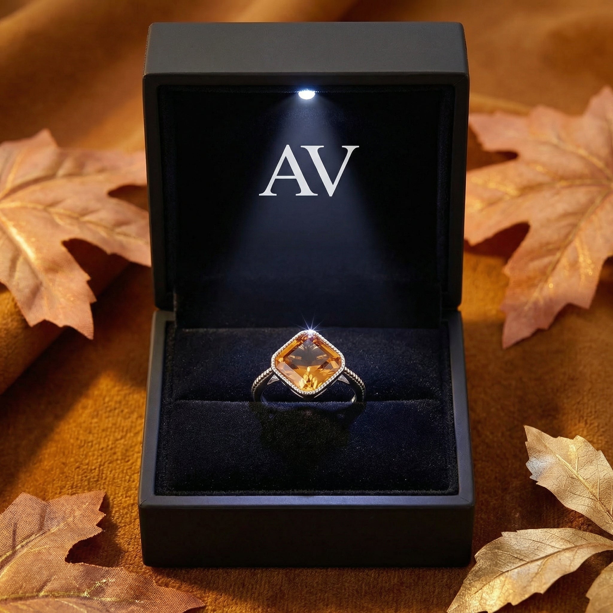 Cushion-cut honey gold simulated topaz ring in S925 sterling silver inside a lighted black AV gift box.