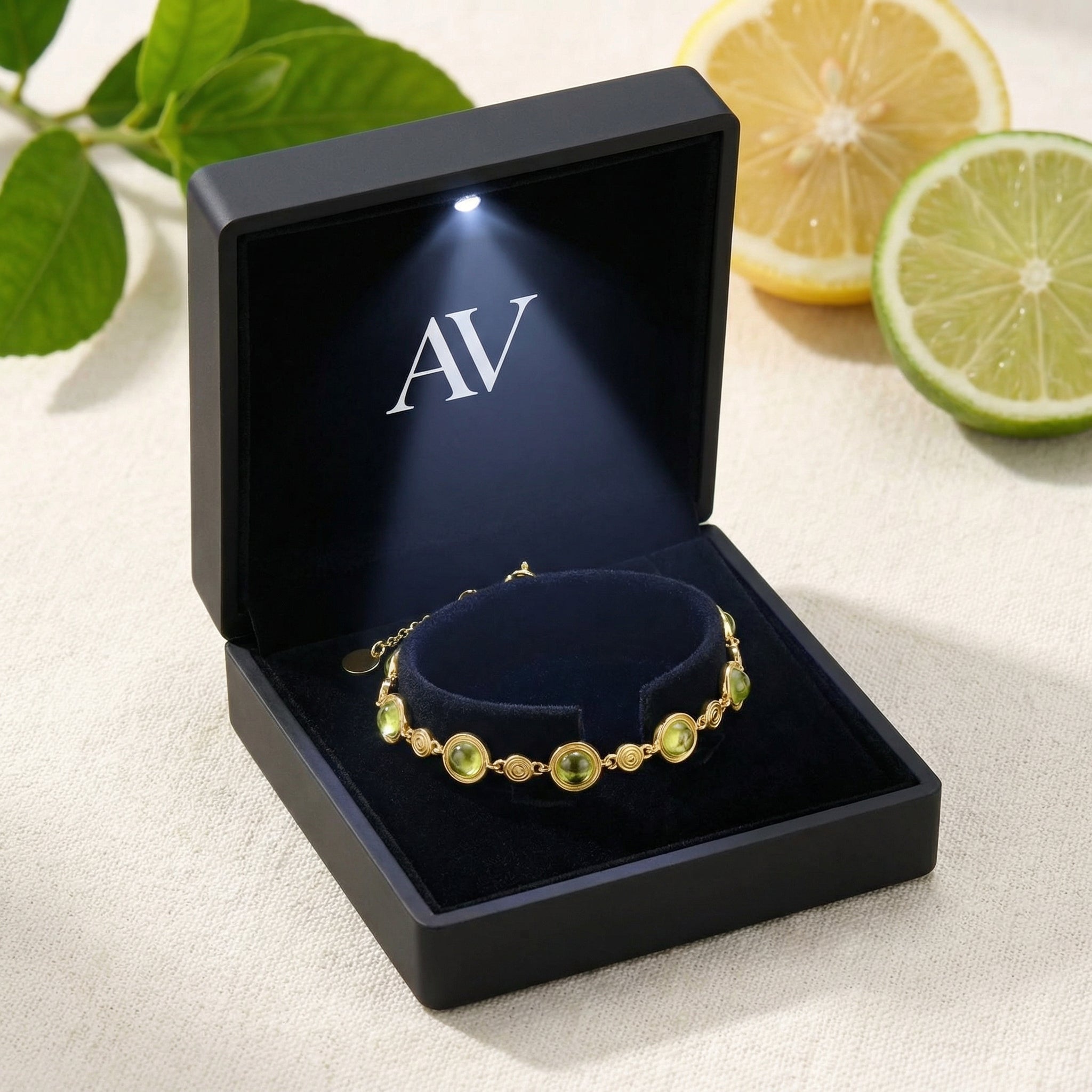 18K gold vermeil simulated peridot station bracelet presented in a black lighted jewelry gift box.