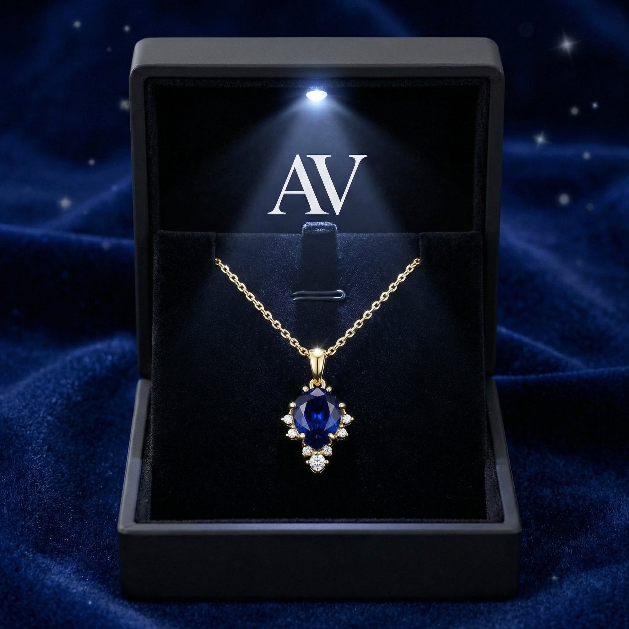 Pear-cut blue sapphire necklace in 18K gold vermeil inside a lighted black branded jewelry gift box.