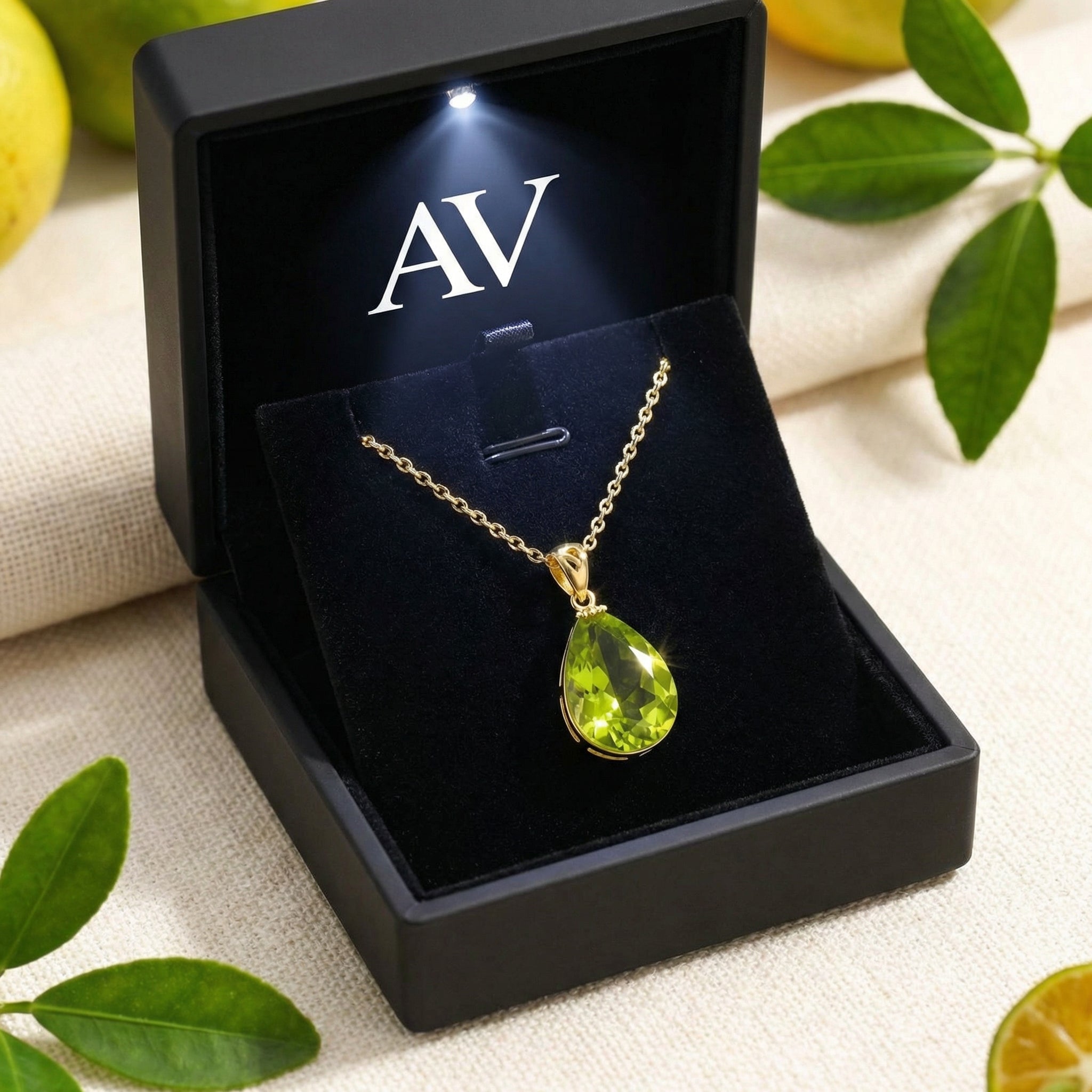 Teardrop simulated peridot necklace in 18K gold vermeil inside a black LED-lit AV branded jewelry gift box.