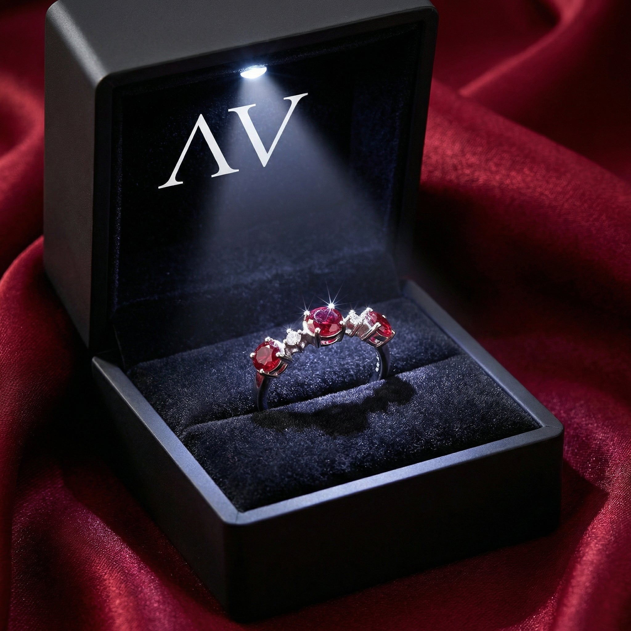 Thalaraea S925 sterling silver simulated ruby ring in a black LED-lighted jewelry presentation box.