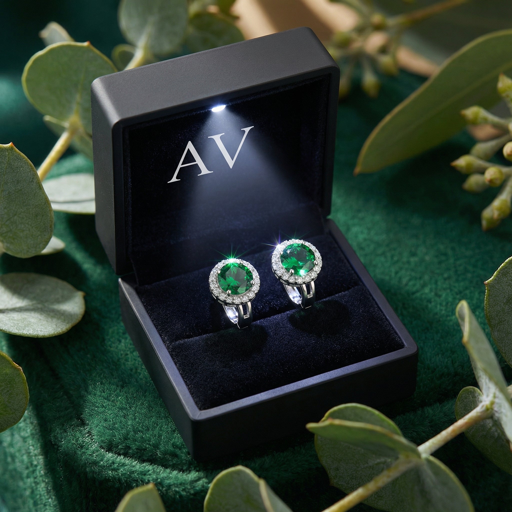 Green moissanite halo earrings in a black LED-lit gift box on green velvet with leaves.