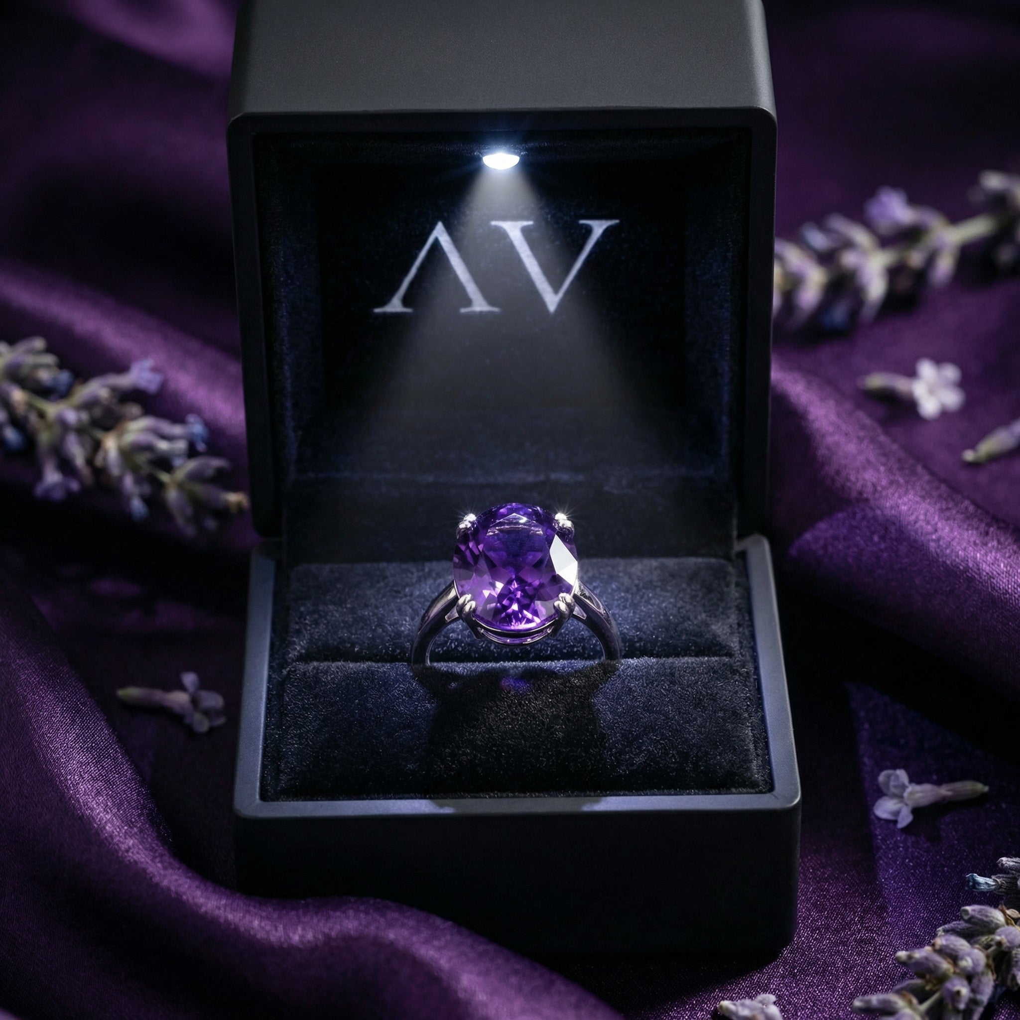 Oval amethyst sterling silver ring inside a black LED-lighted jewelry box on purple fabric.