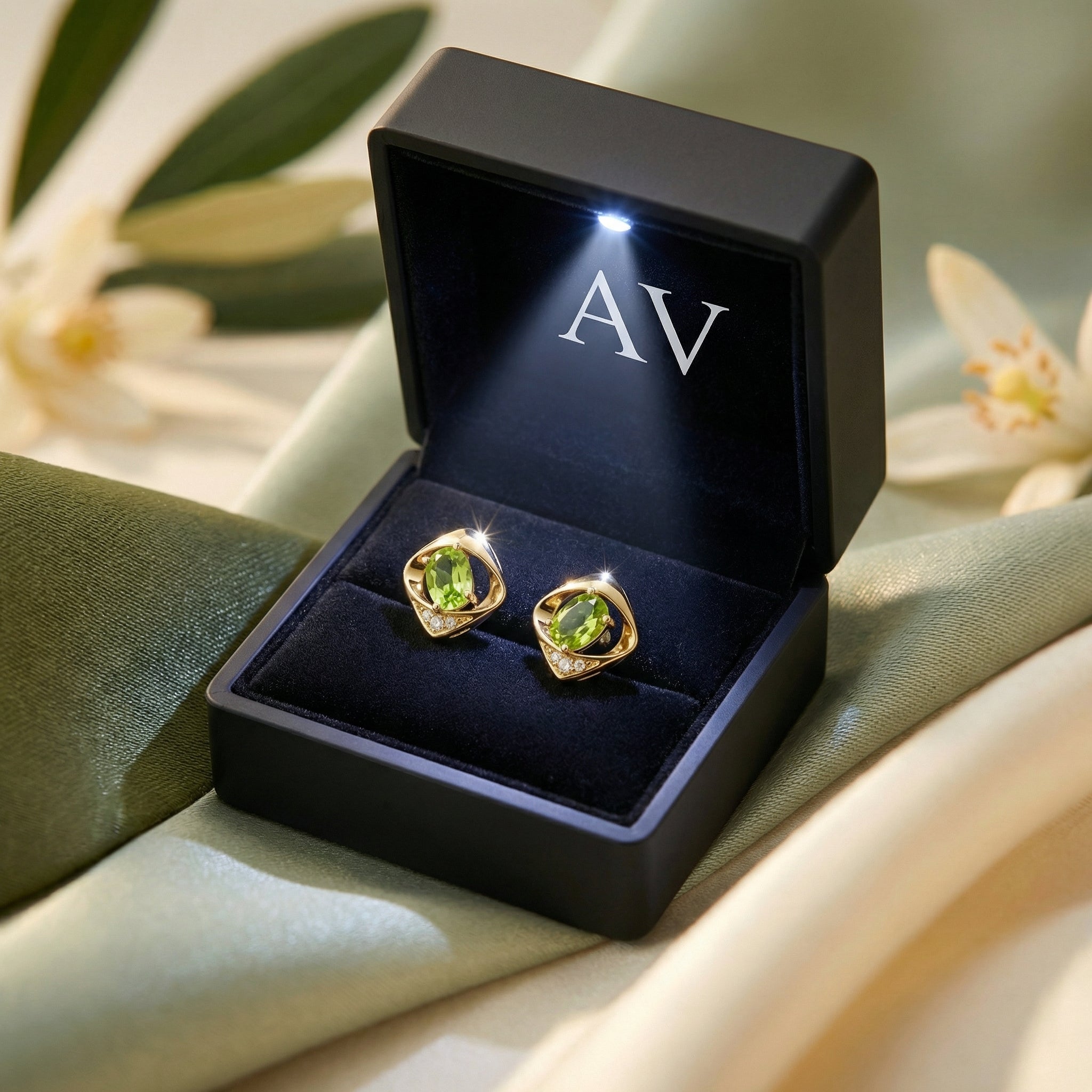 Gold vermeil Yvaine peridot stud earrings presented in a black lighted jewelry box with AV branding.