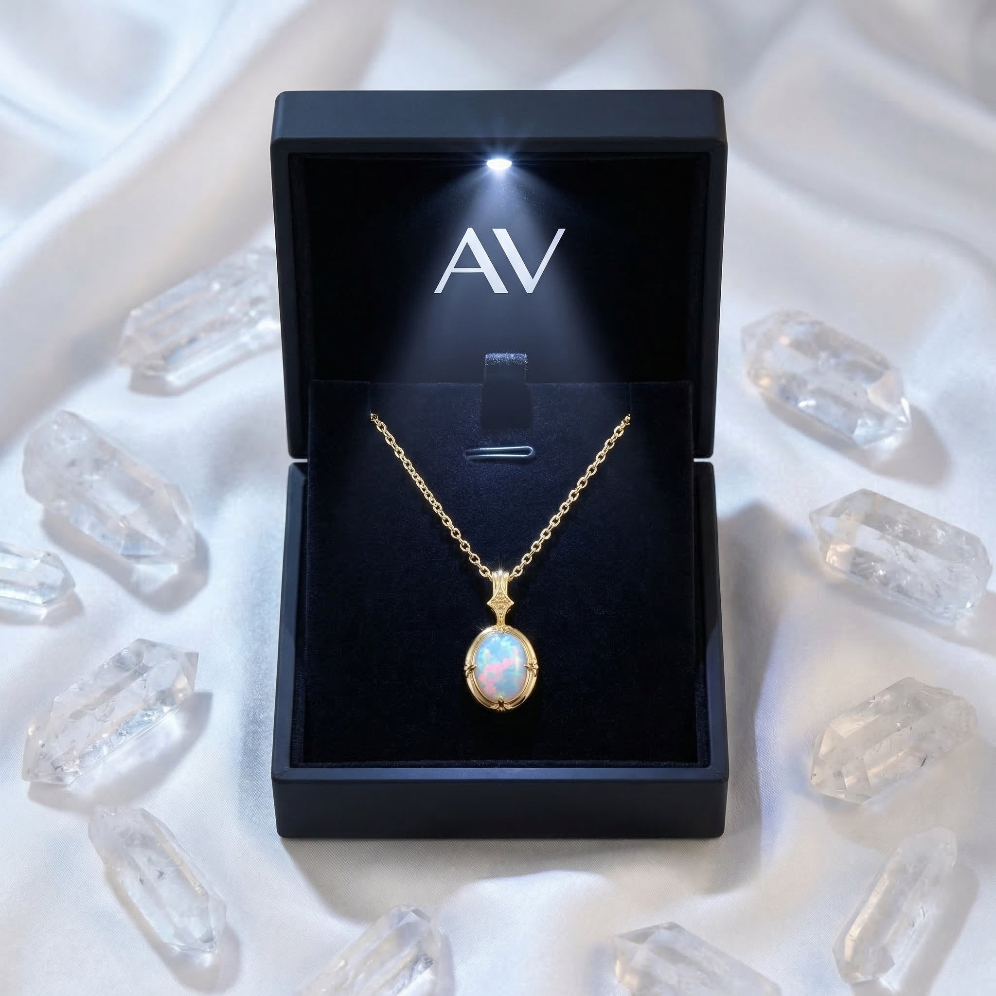 Gold-tone oval white opal pendant necklace in a black LED-lit gift box surrounded by crystals.