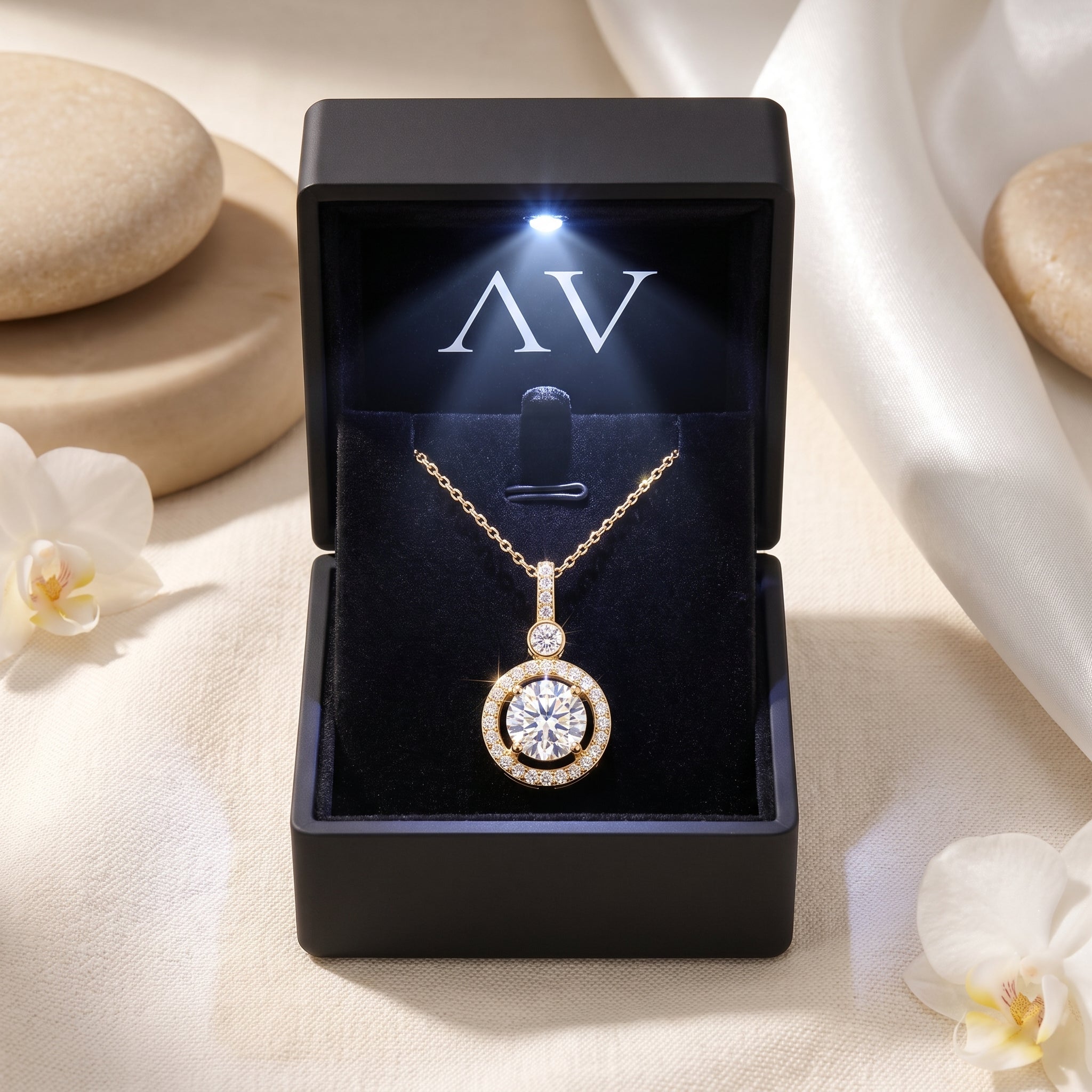 Gold moissanite halo necklace displayed in a black LED-lit gift box with the AV logo and white flowers.