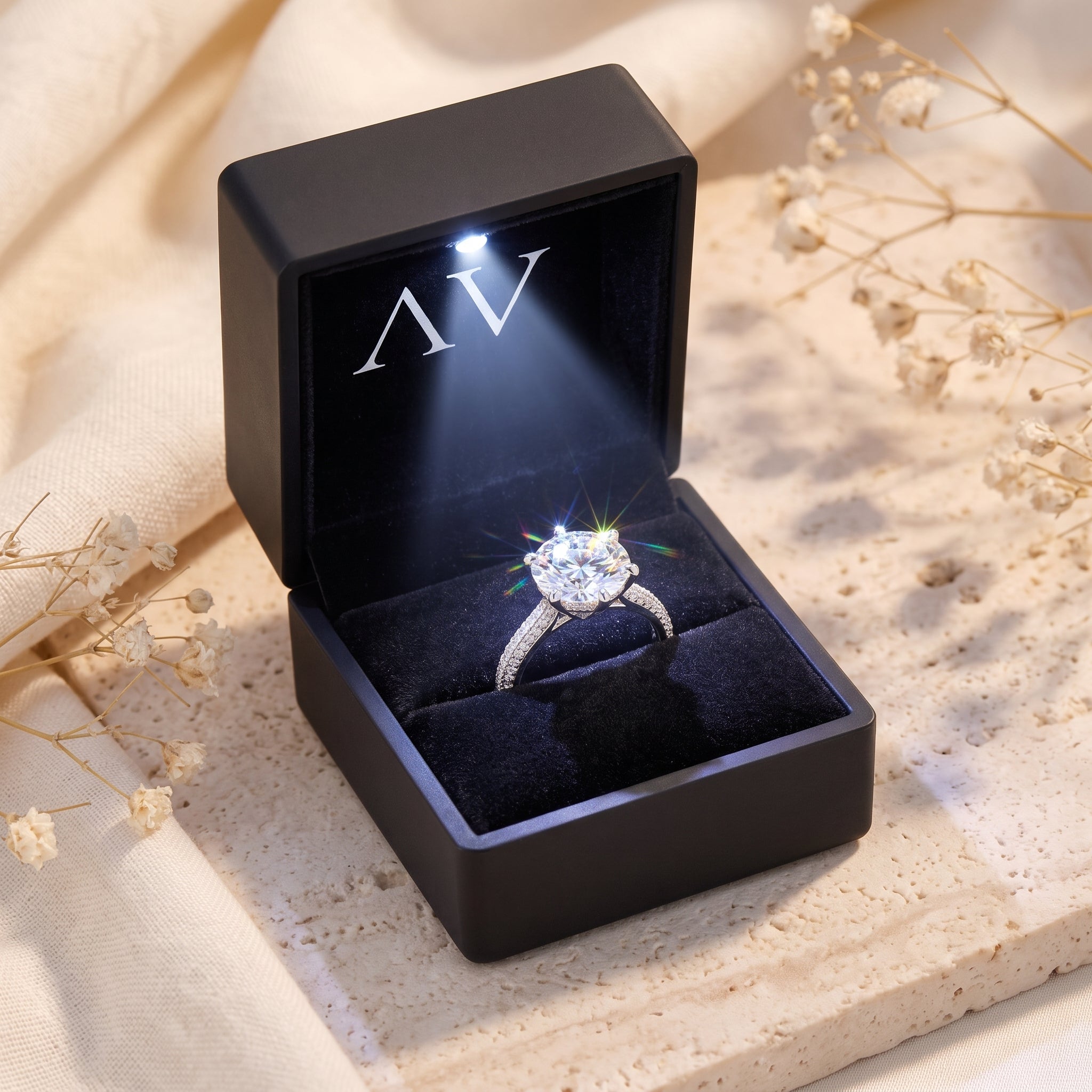 Silver solitaire ring inside a black LED-lit presentation box on a styled background.