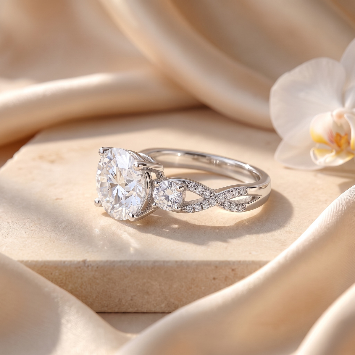 Vintage three-stone round-cut moissanite ring in silver, angled side detail showing the twisted pavé shoulders.