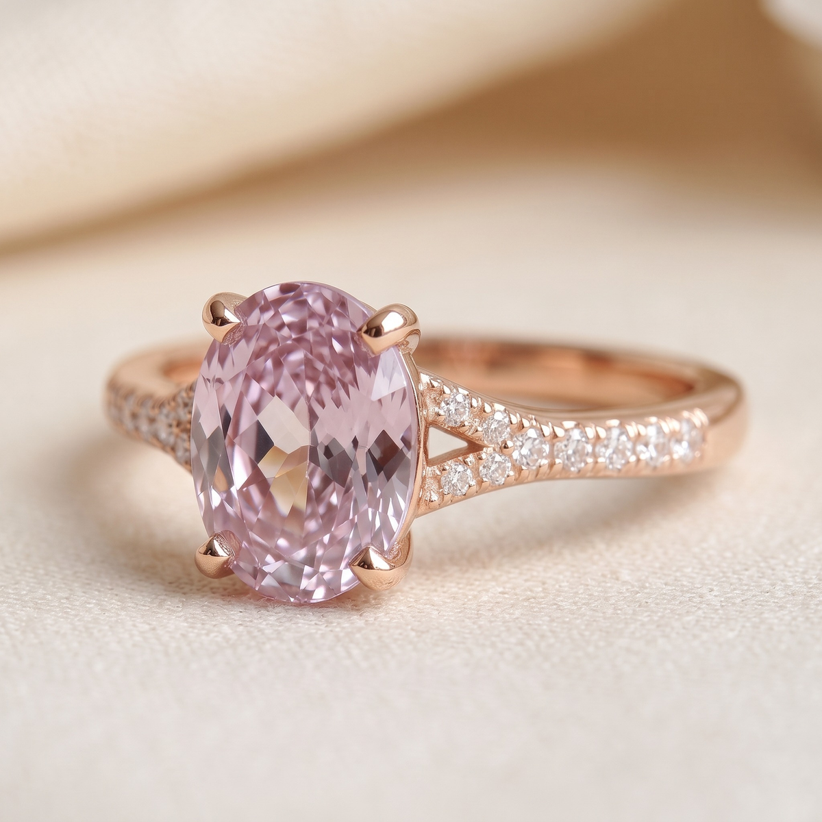 The Belina oval pink moissanite ring in rose gold, angled closeup showing four prongs and split pavé shoulders.