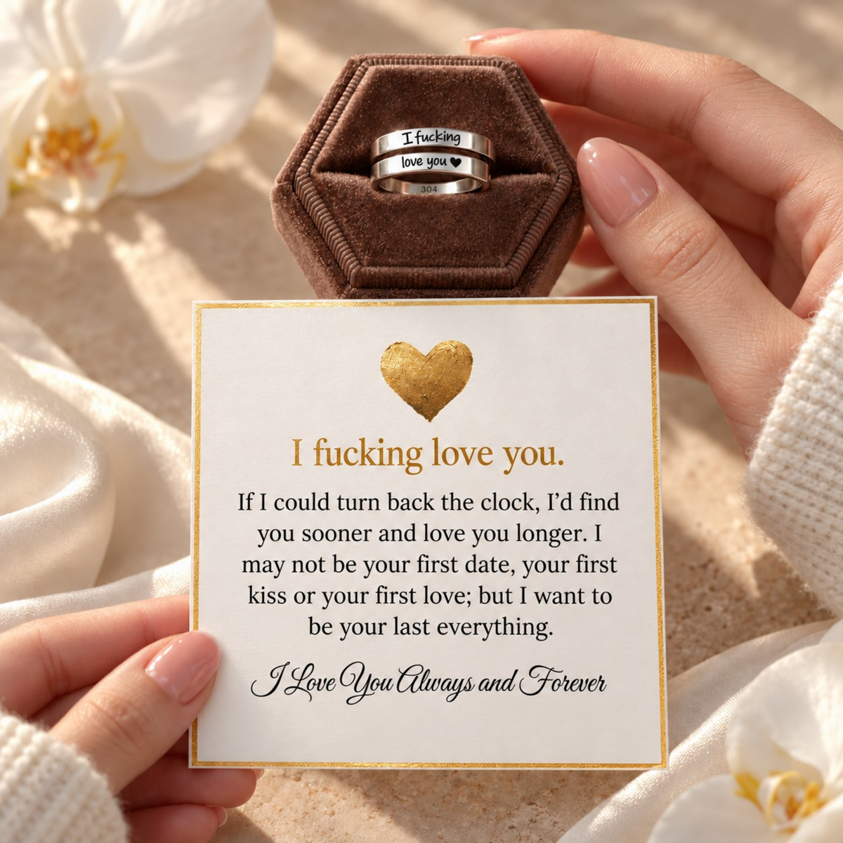 Silver two-band I fucking love you ring with its included romantic message card