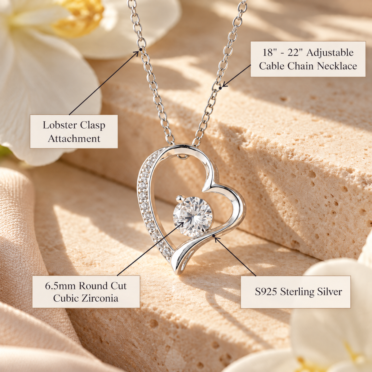 Silver-finish heart necklace specifications with an S925 sterling silver material caption.