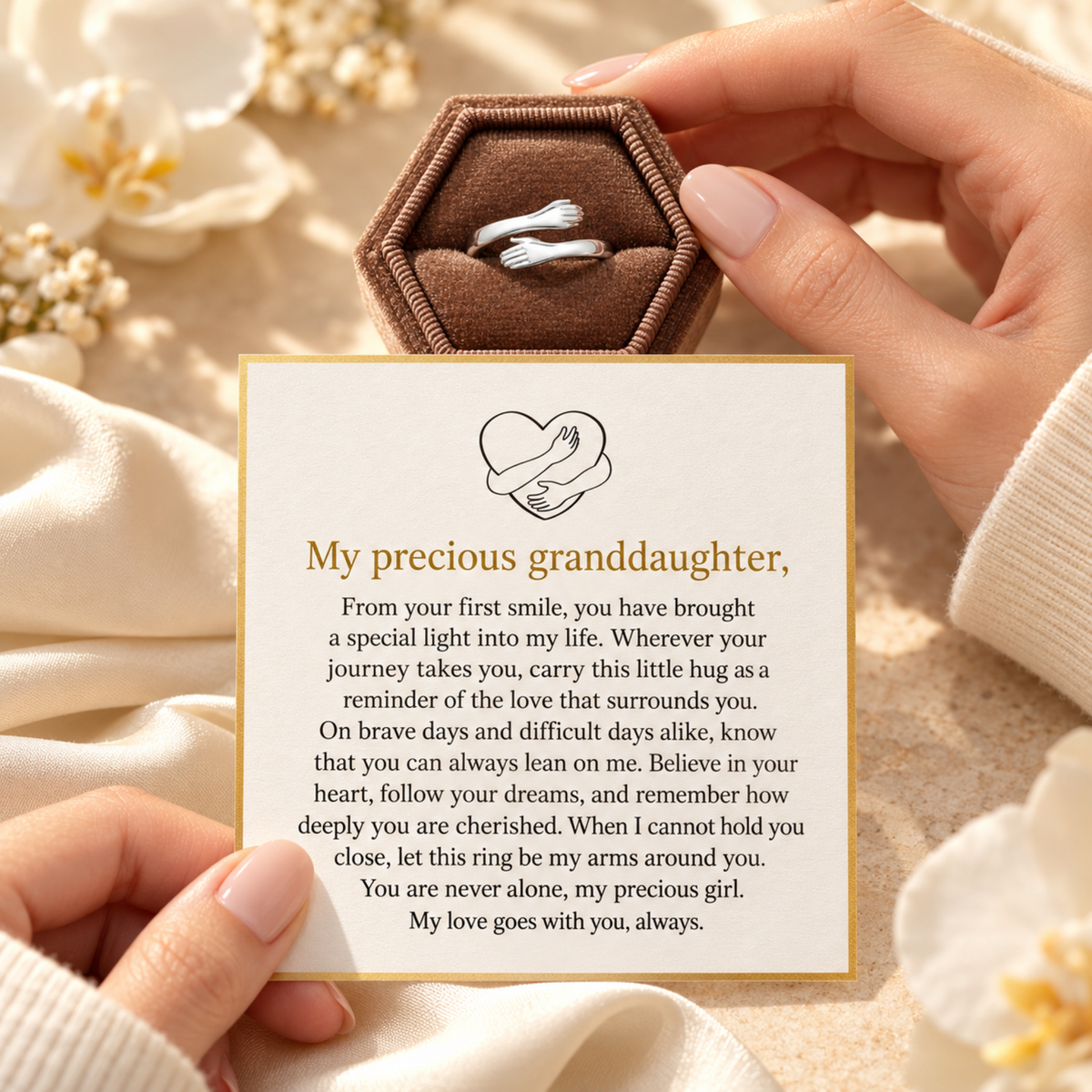 Silver hug ring presented with the My precious granddaughter message card