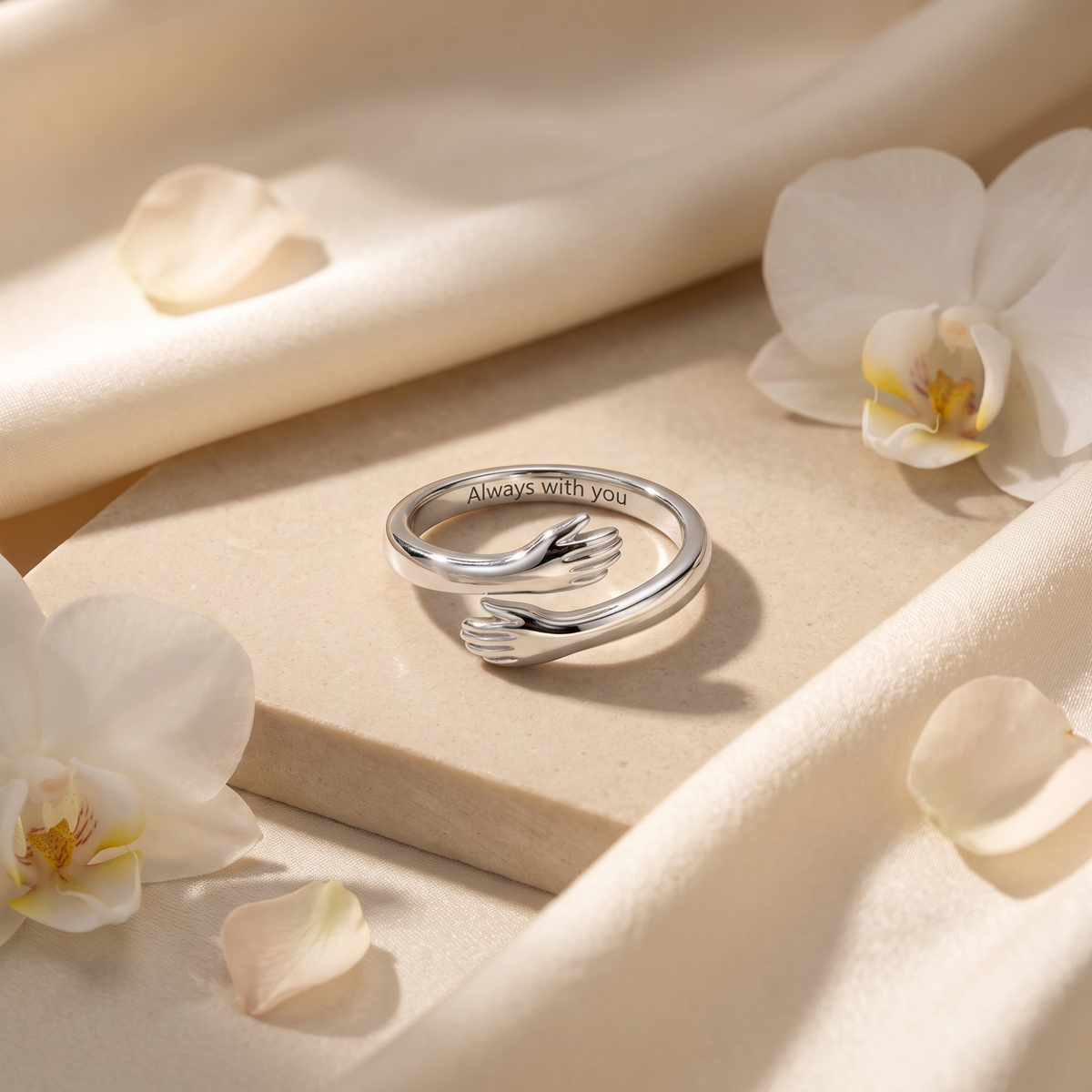 Silver open hugging-arms ring with fixed Always with you inner engraving