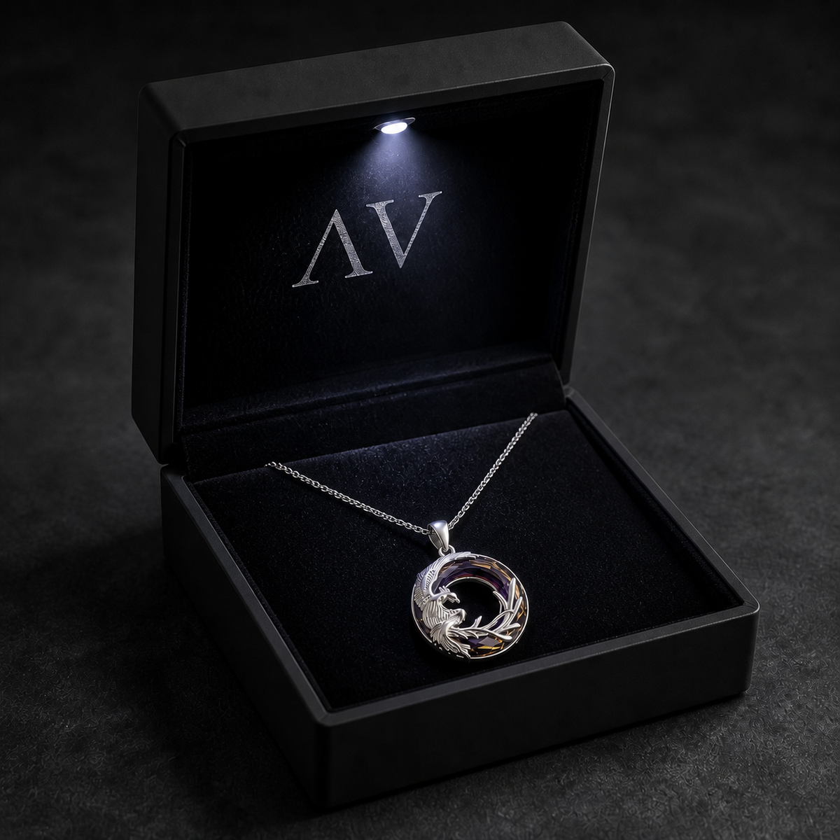 Sterling silver Phoenix crystal necklace in black LED gift box