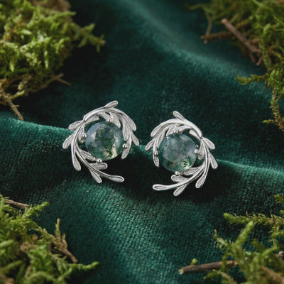 Natural Moss Agate vine wrap stud earrings in solid white gold.