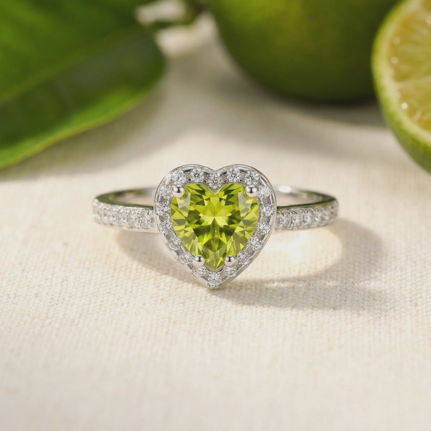 Elianelle heart-cut simulated peridot ring in solid white gold.