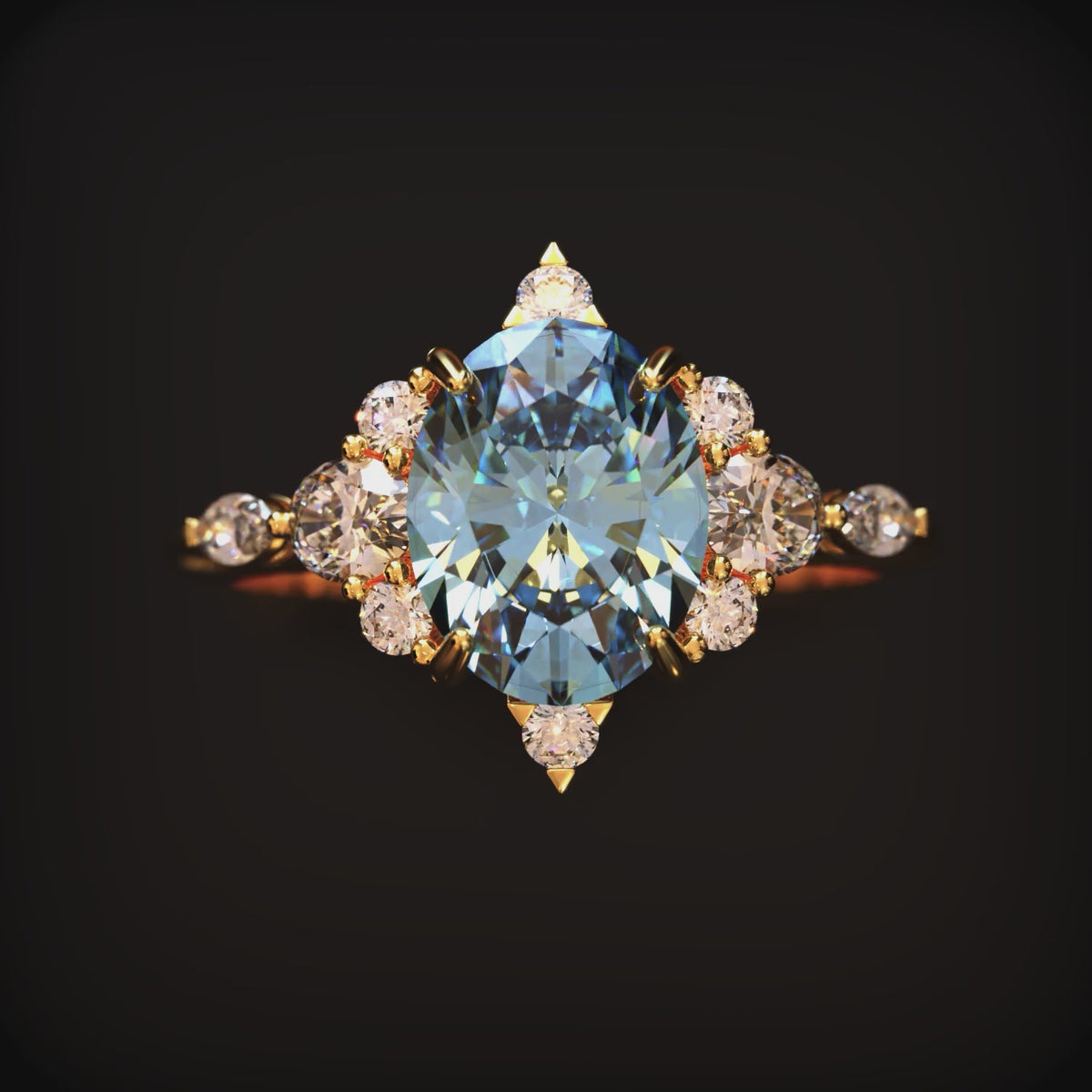 Video showing a close frontal view of The Carlotta 2 carat oval blue moissanite ring in solid gold.