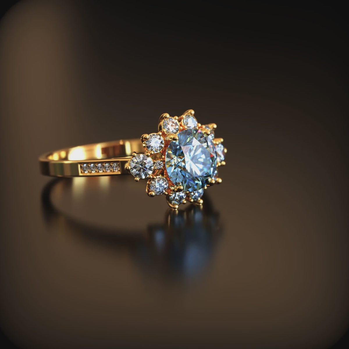 A blue moissanite halo ring in solid gold.