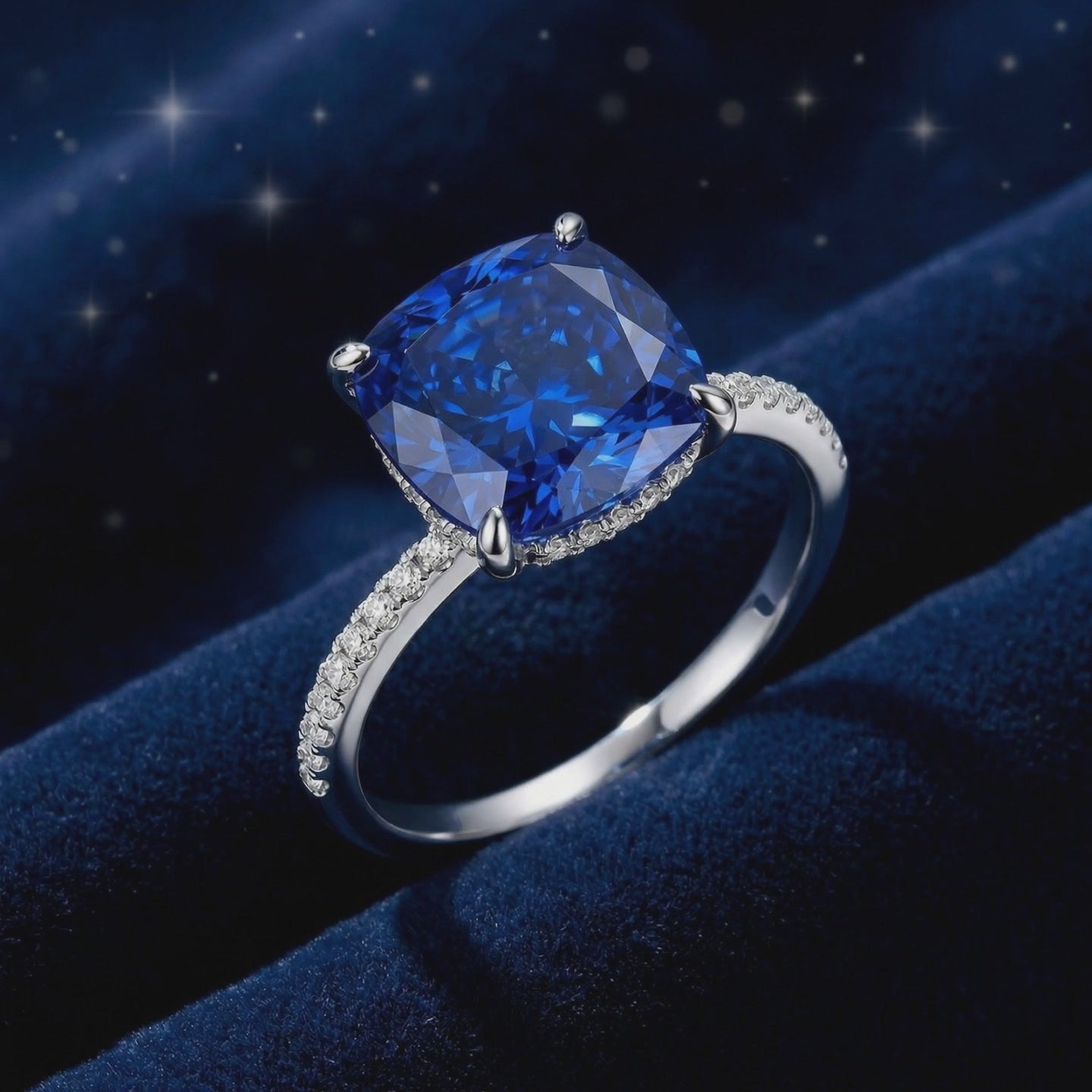 Close-up of a cushion-cut blue simulated sapphire ring with a micro-pavé solid white gold band.