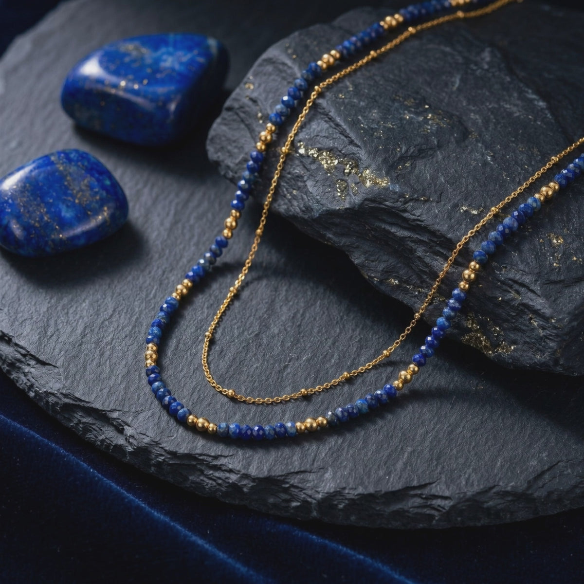 Solid gold layered Lapis Lazuli bead necklace.