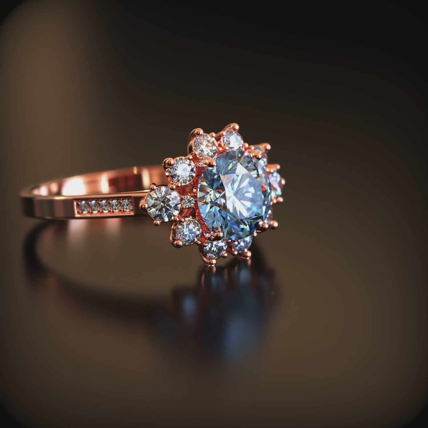 A blue moissanite halo ring in solid gold.