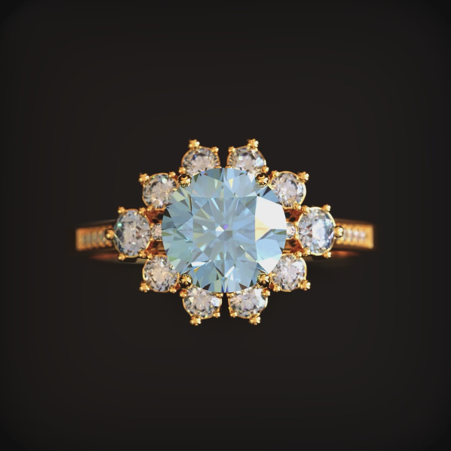 The Bethany 1.5 carat blue moissanite halo ring in solid gold.