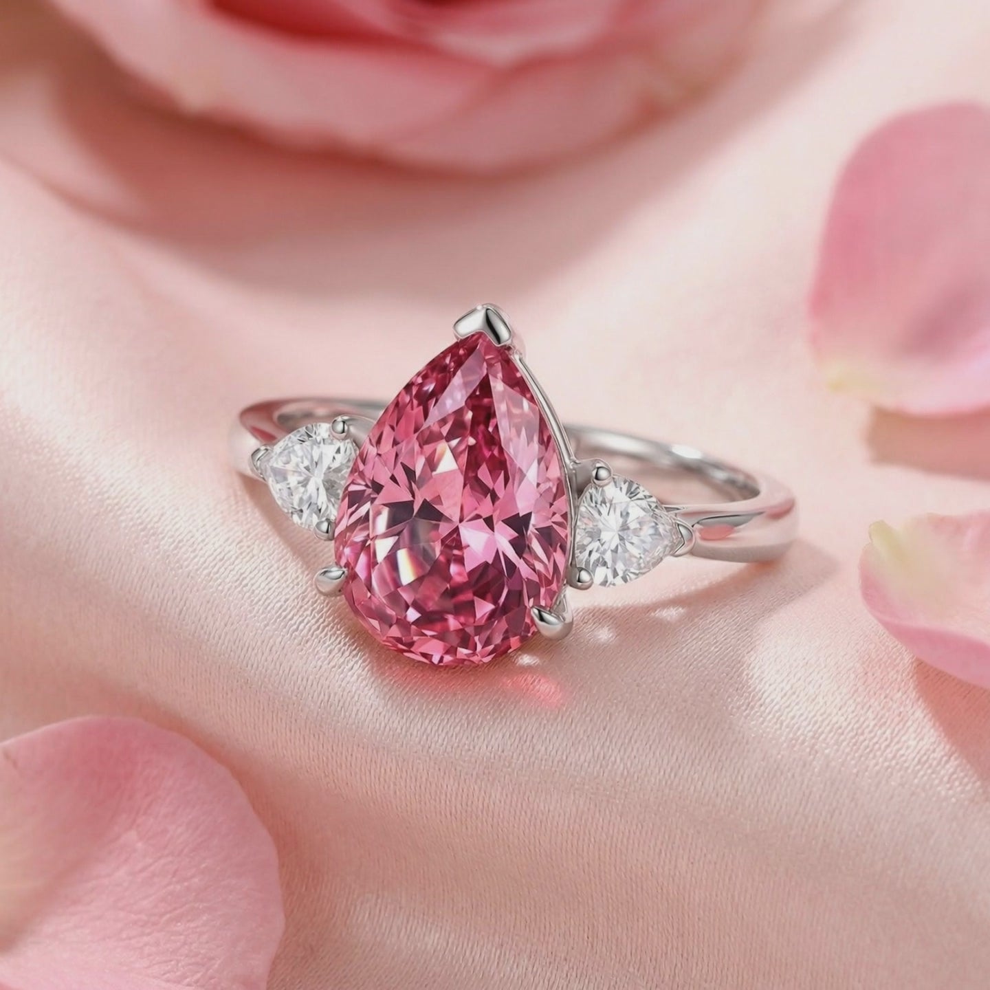 Detailed video of the pear-cut simulated pink tourmaline solid gold ring.