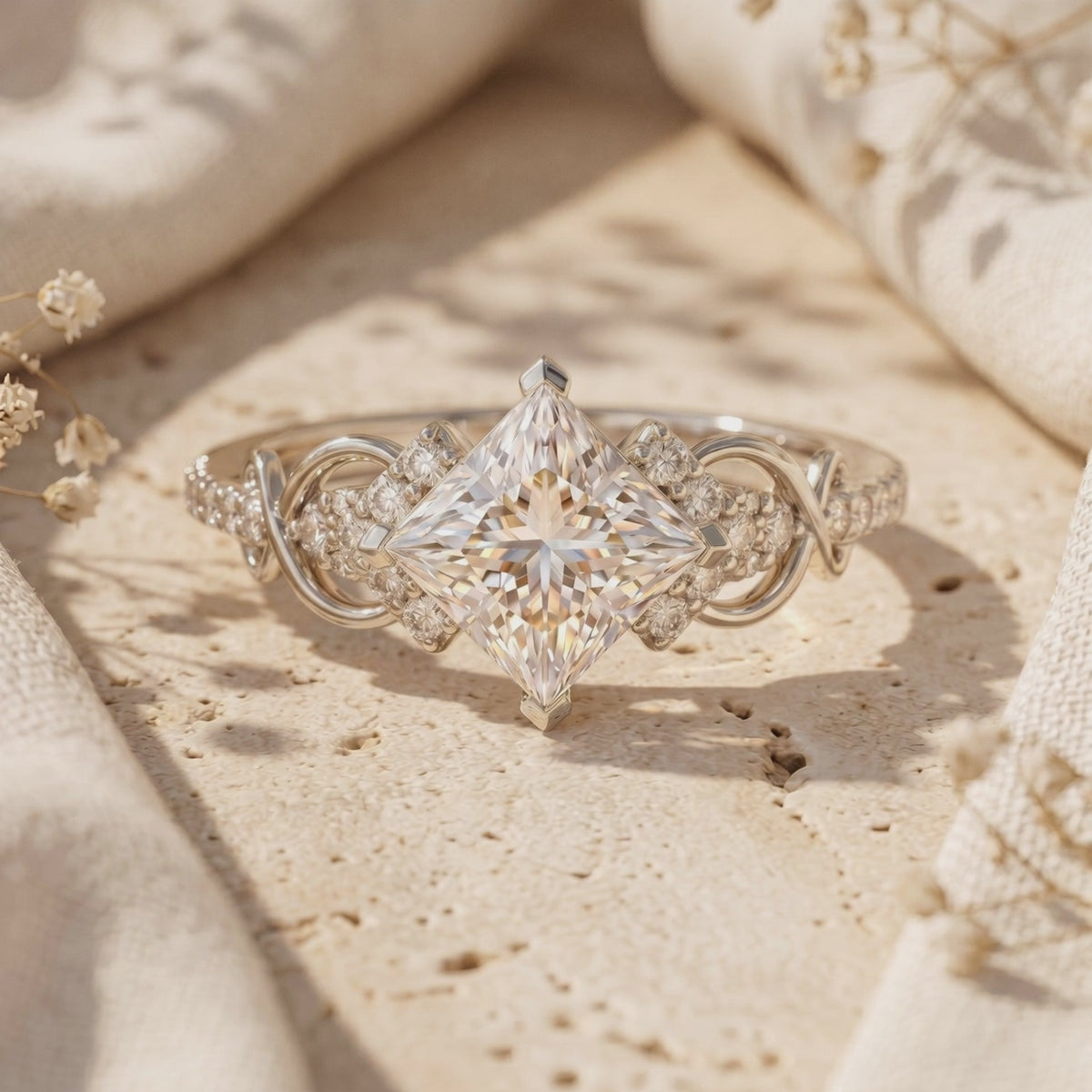 Macro view of a solid gold ring with a kite-set square moissanite center stone and detailed filigree shoulders.