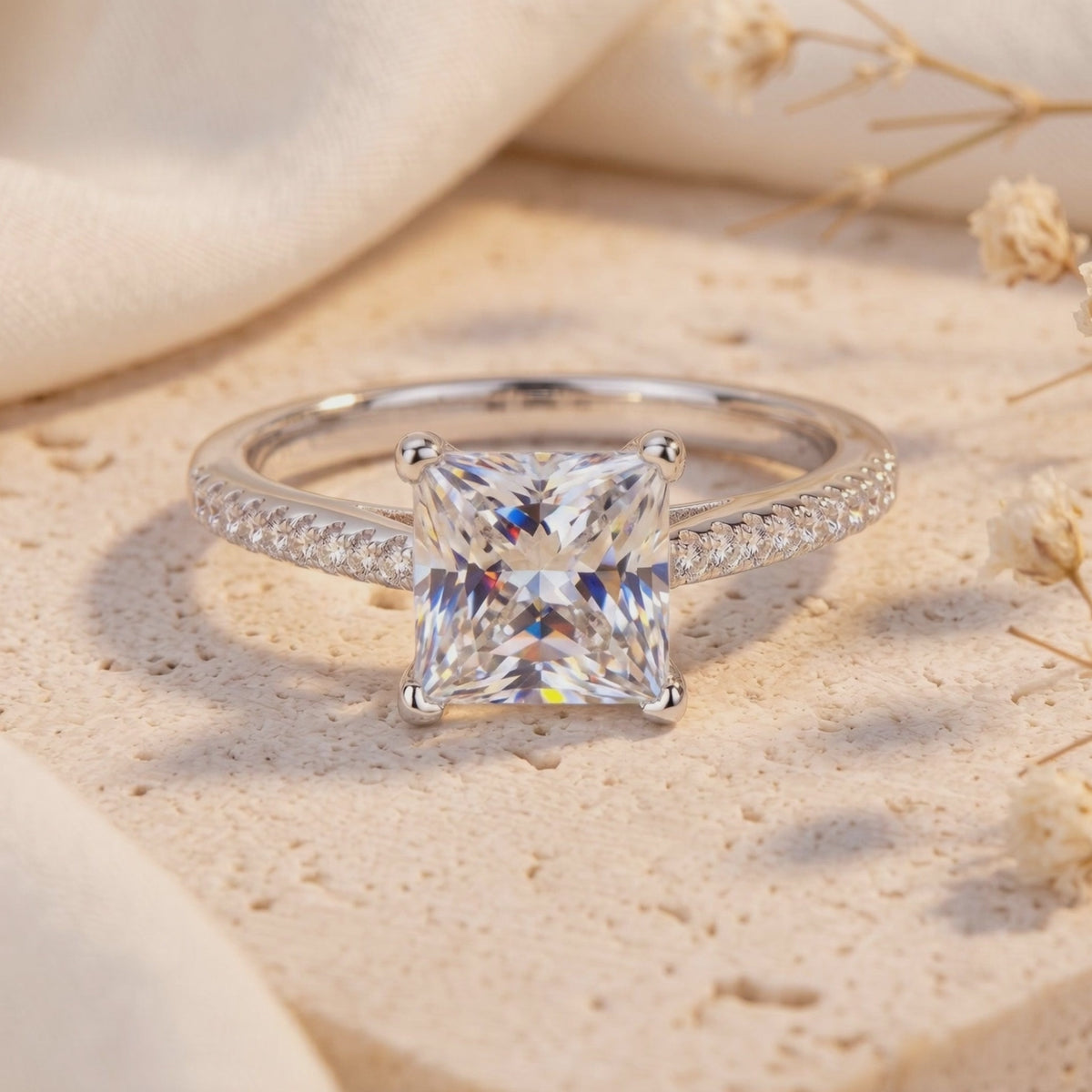 A detailed view of the solid gold ring with a princess-cut natural zircon.