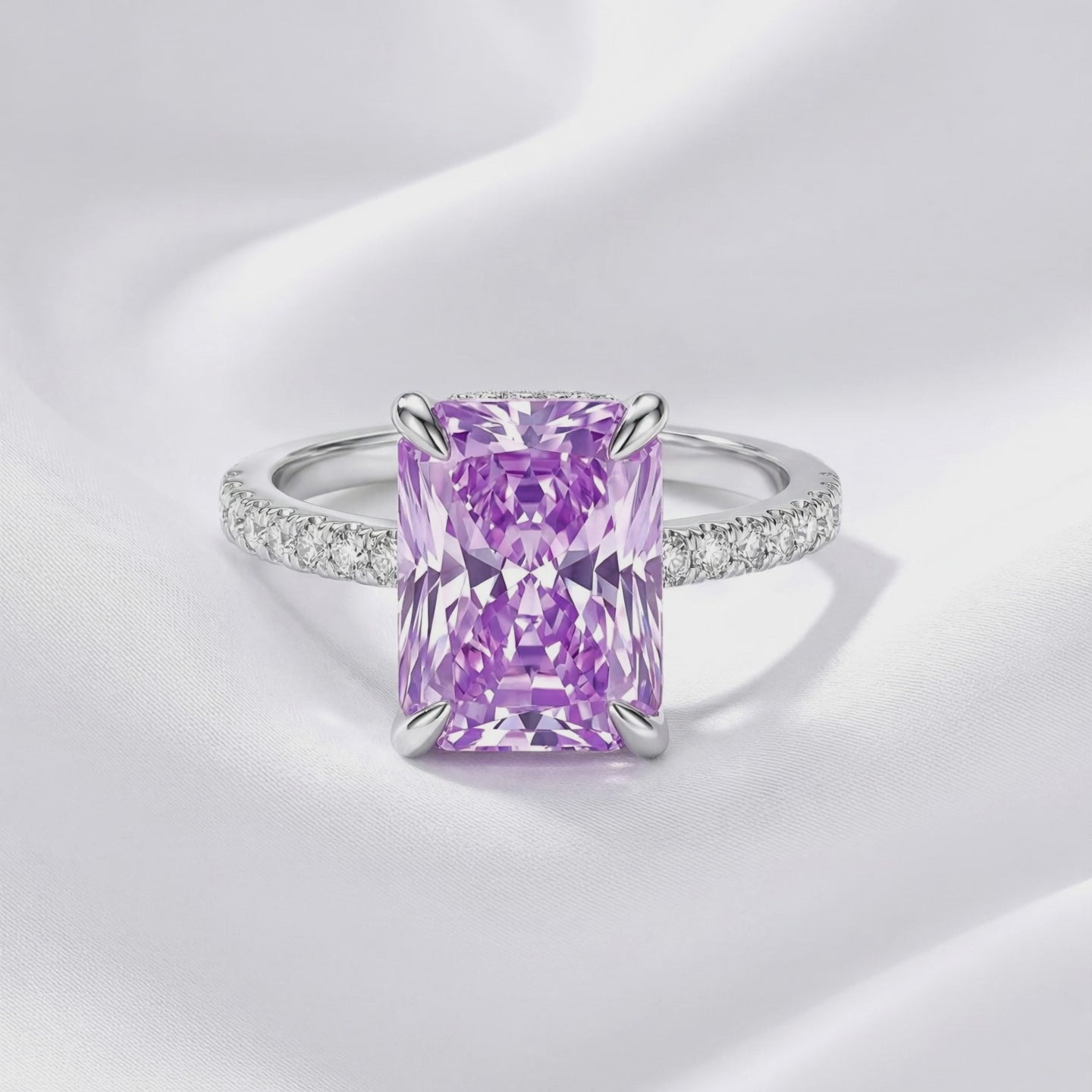 Radiant cut purple simulated amethyst ring in solid white gold displaying high-impact brilliance.
