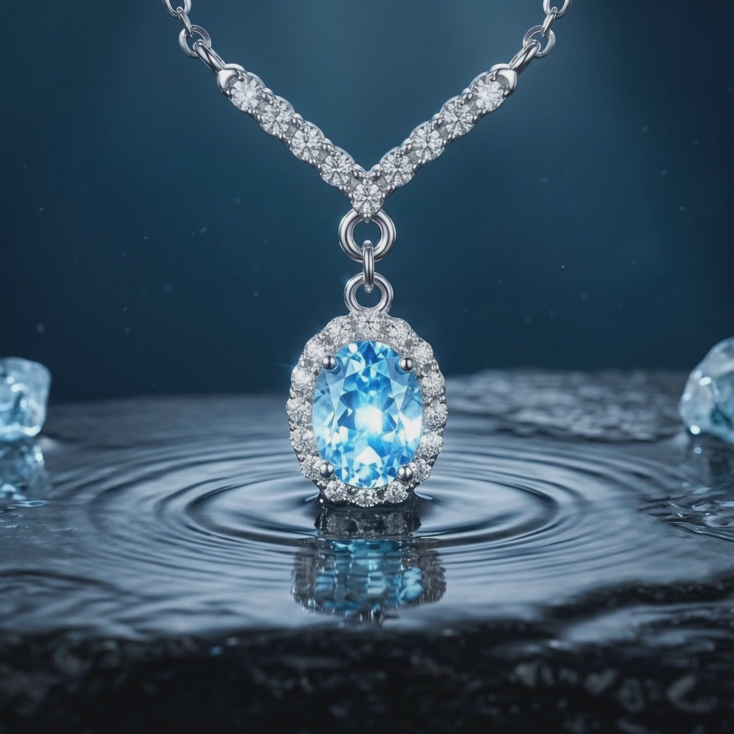 Aquamarine oval halo necklace in solid gold.