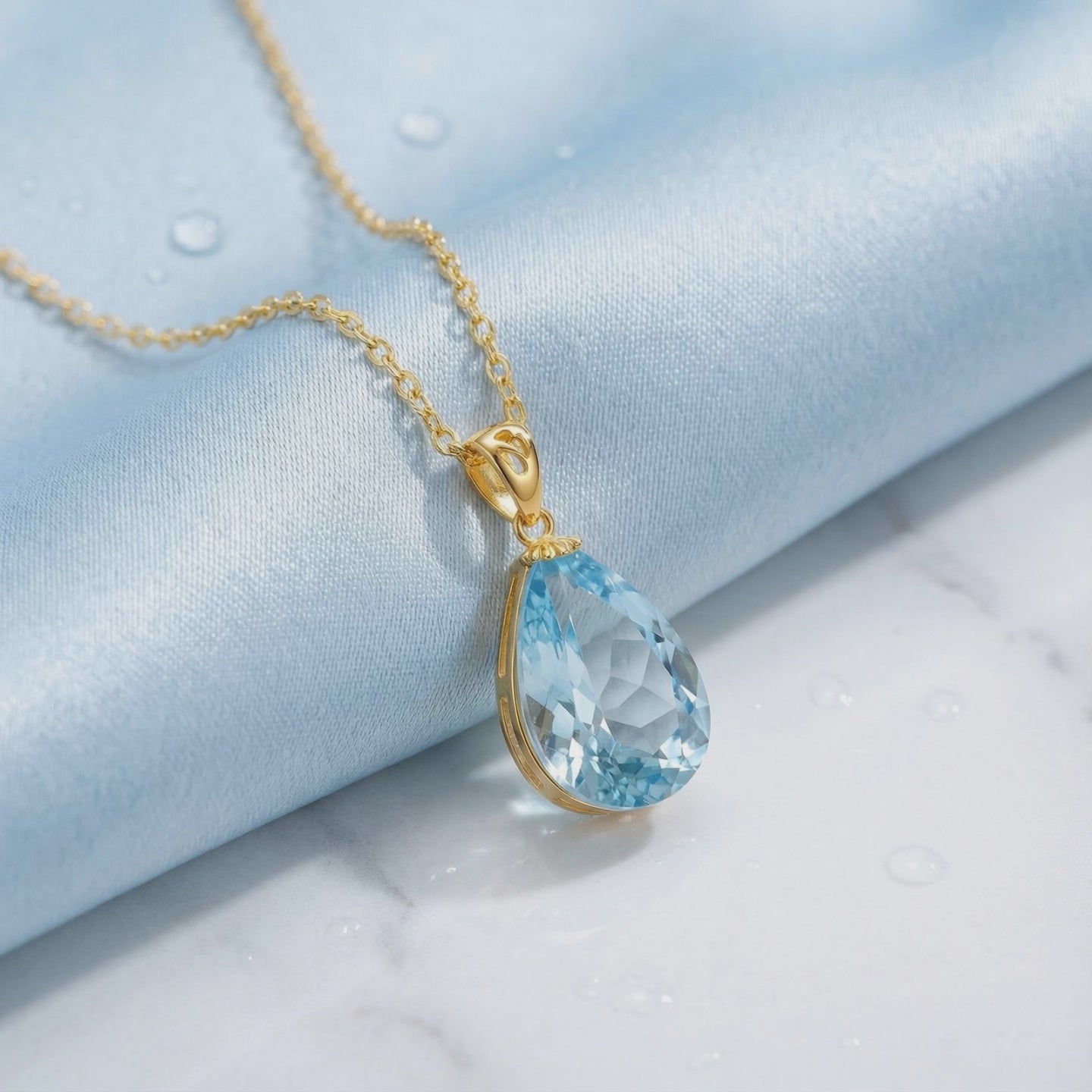 Simulated aquamarine teardrop pendant necklace in solid gold.
