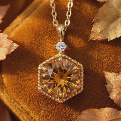 Hexagon simulated topaz pendant necklace in solid gold.