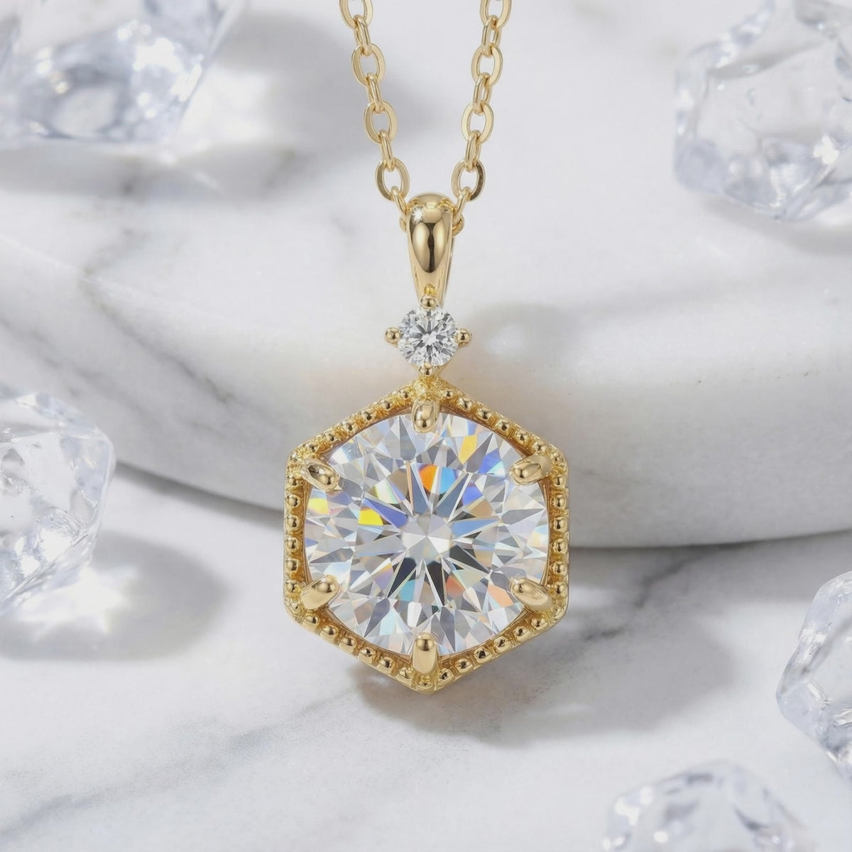 The Hexa Radiant solid gold necklace with a simulated diamond pendant.
