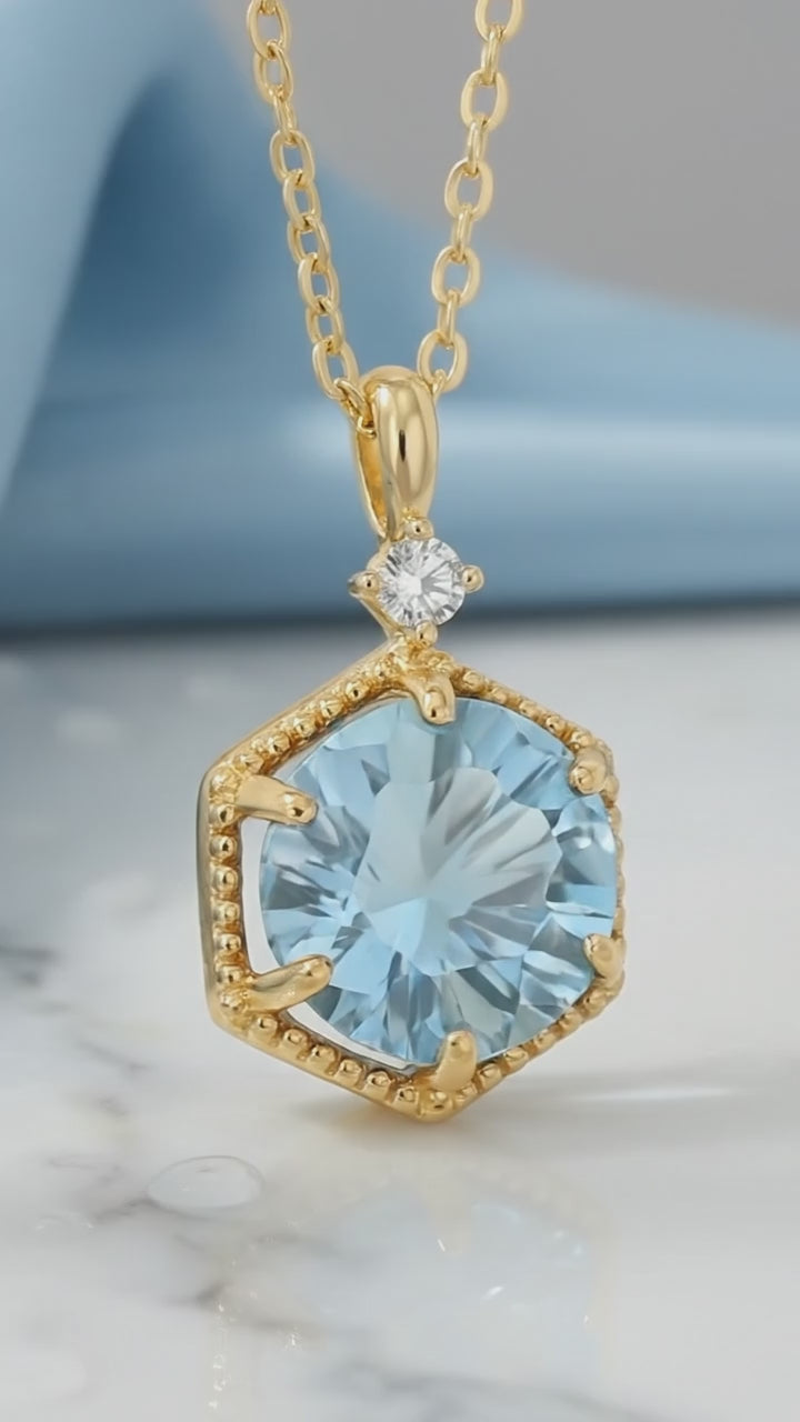 The Callia Hex simulated aquamarine solid gold necklace.