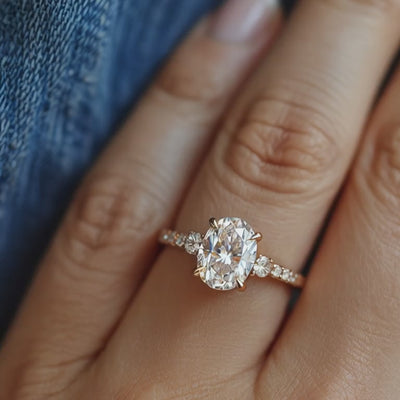 A solid gold ring with an oval moissanite center stone.
