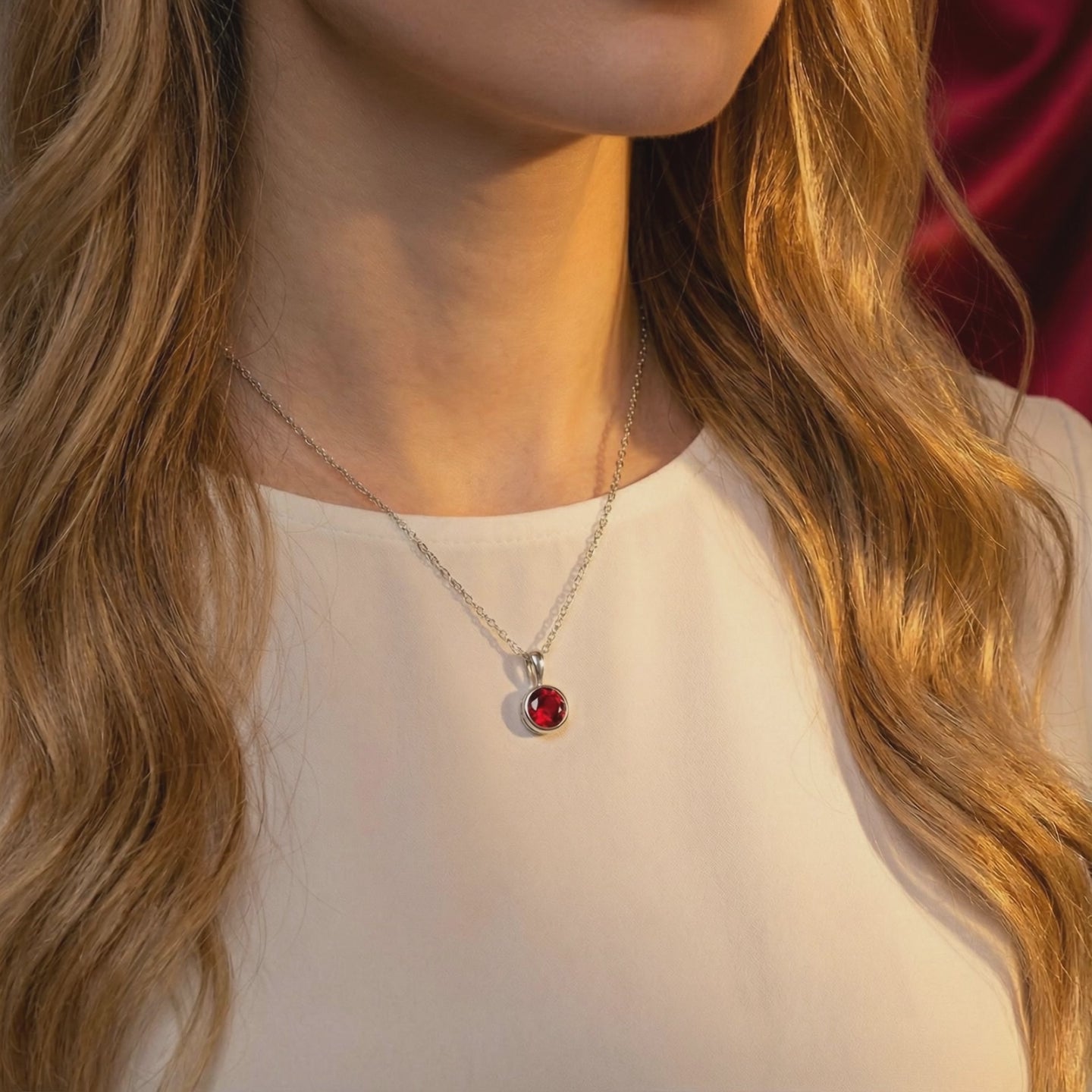 Solid gold necklace with a round bezel-set simulated ruby pendant.