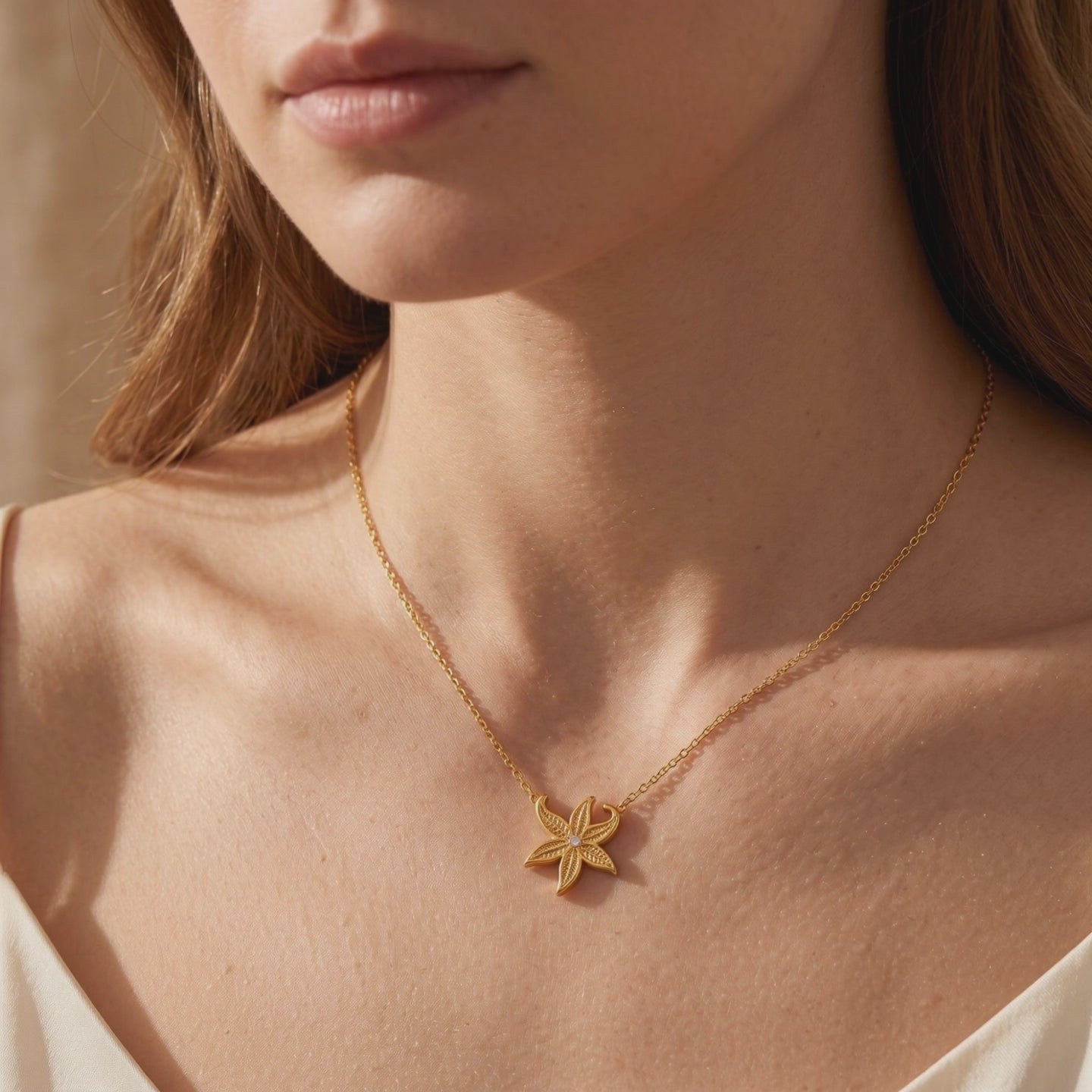 Gold-tone starfish pendant necklace with a small central stone, worn on a model's chest.