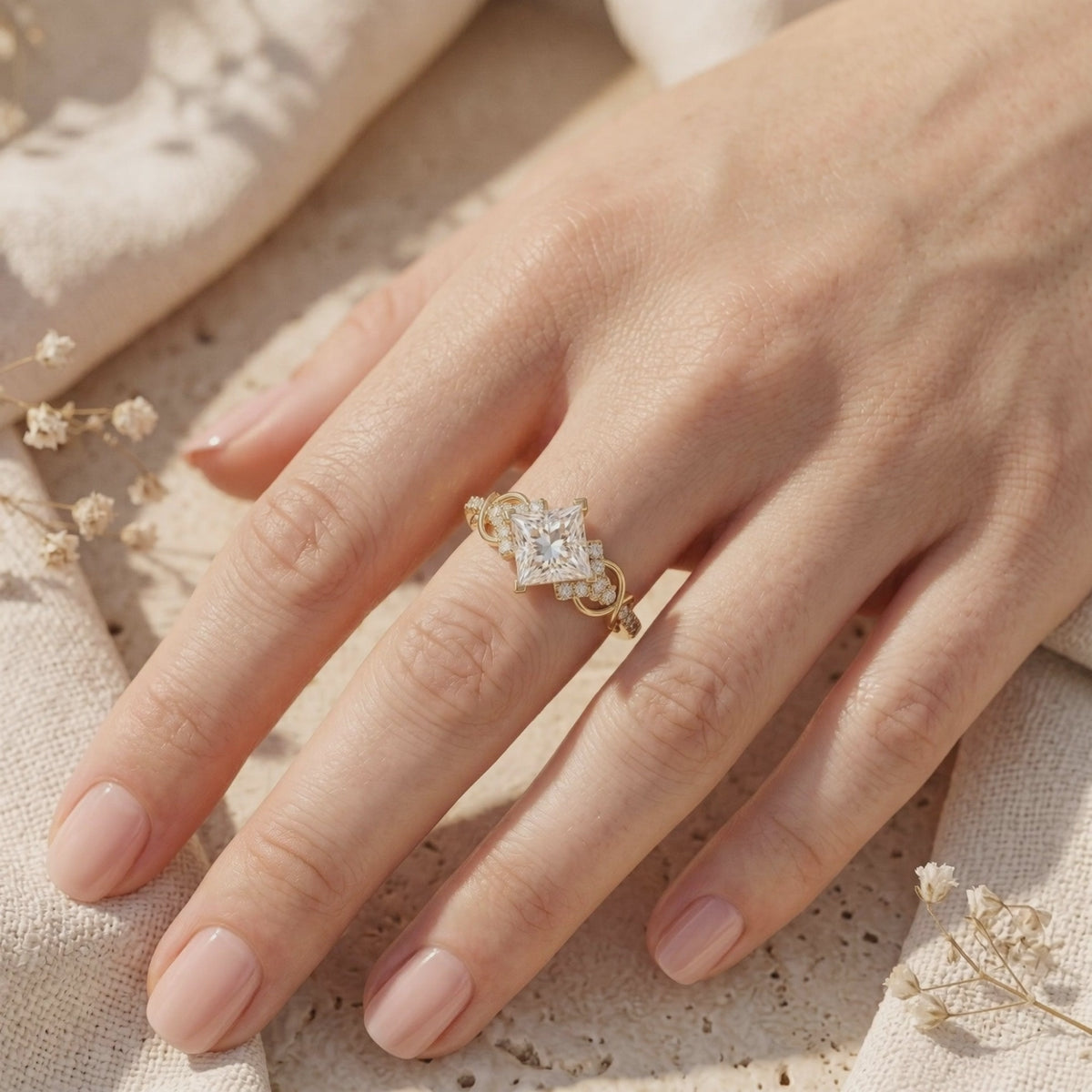 Kite-set princess-cut moissanite ring with an accent-studded solid gold band worn on a finger.