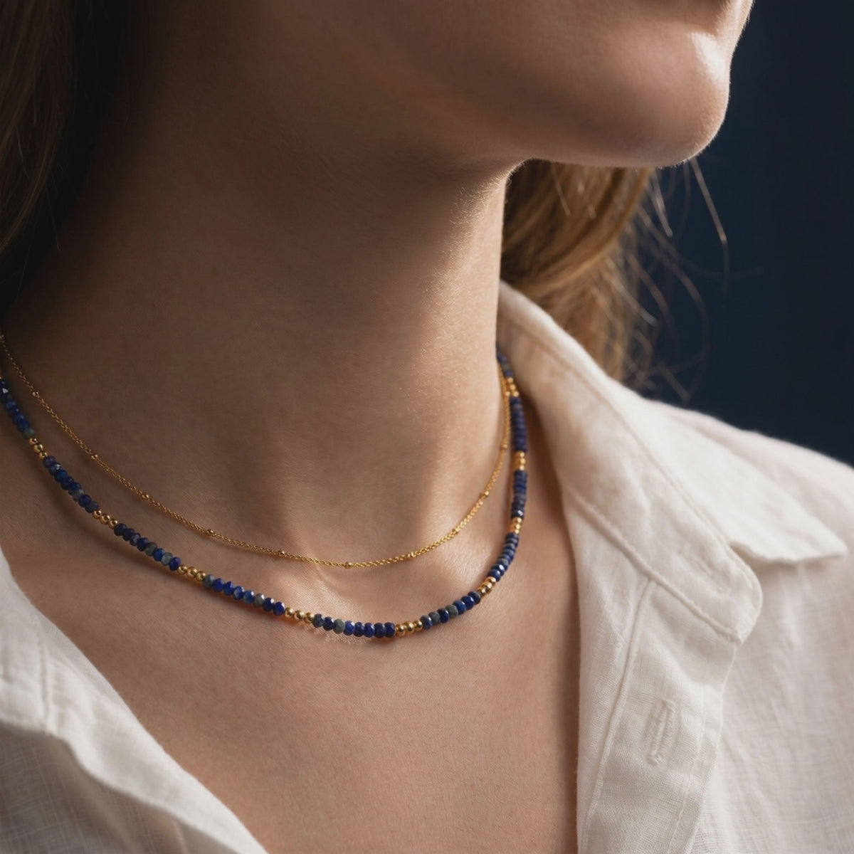 Solid gold layered Lapis Lazuli bead necklace.