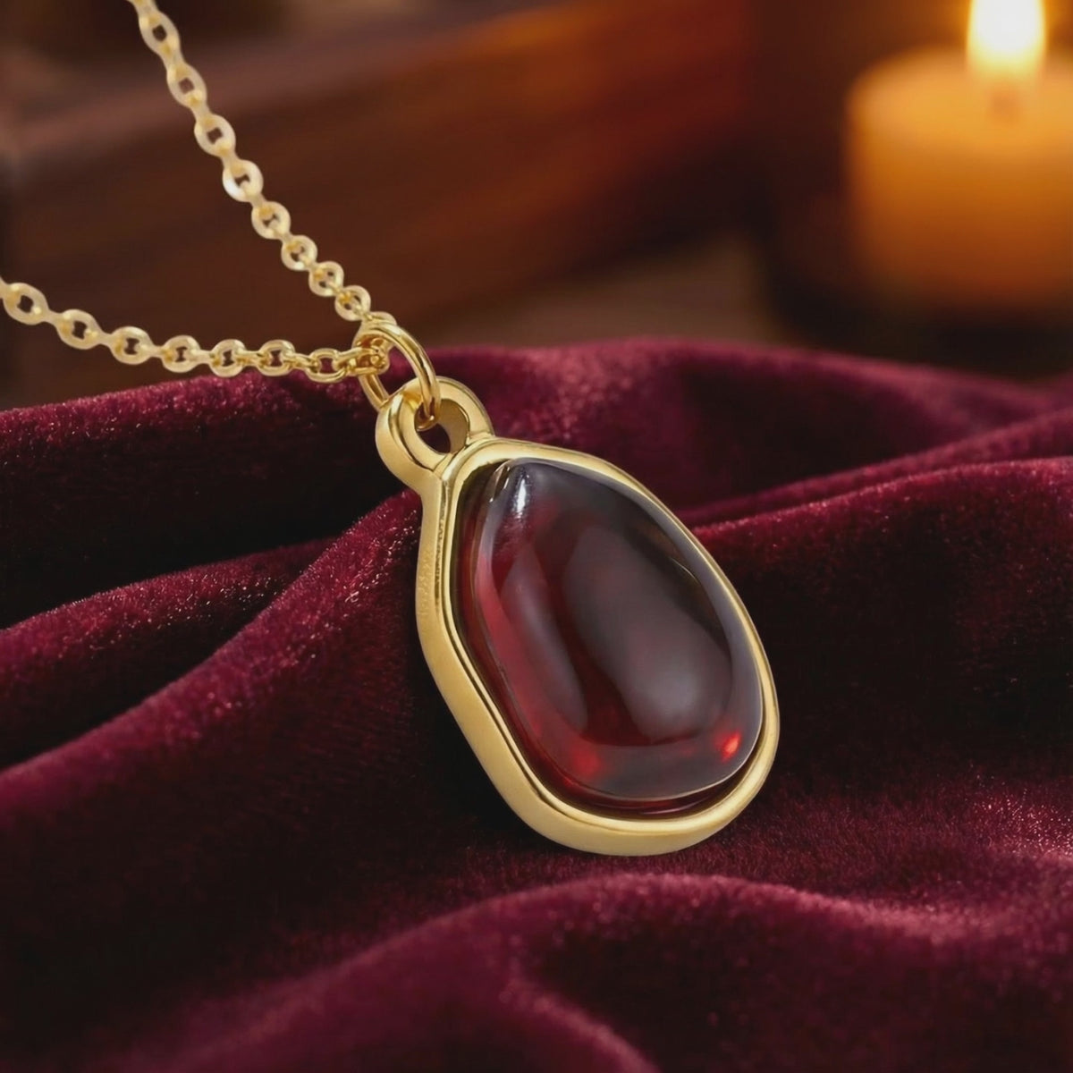 Close-up of a solid gold teardrop simulated garnet pendant on burgundy velvet.