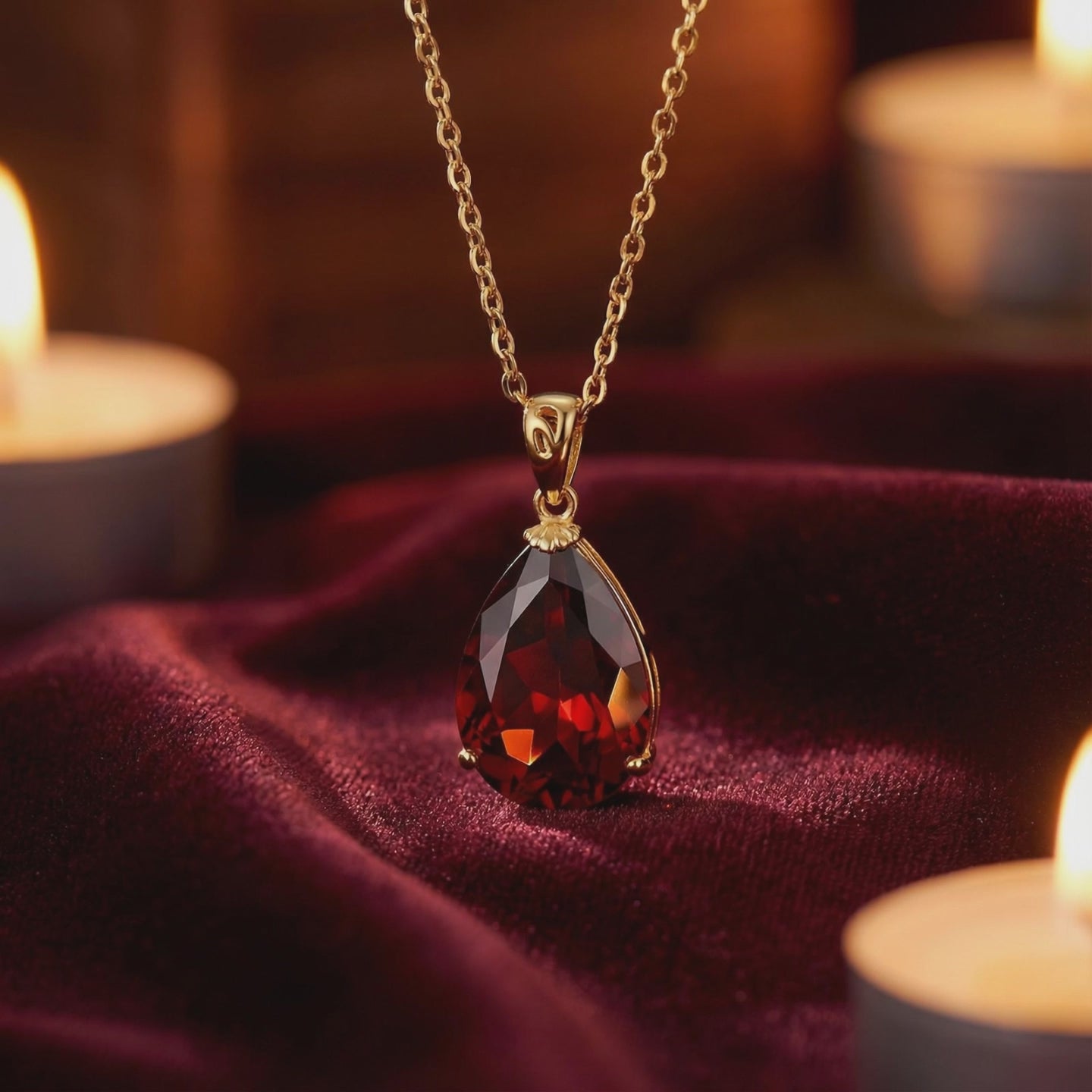 Simulated garnet pendant necklace in solid gold.
