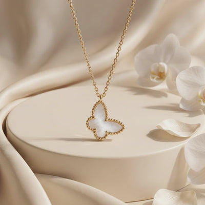 Farfalla Mother of Pearl butterfly pendant necklace in solid gold.