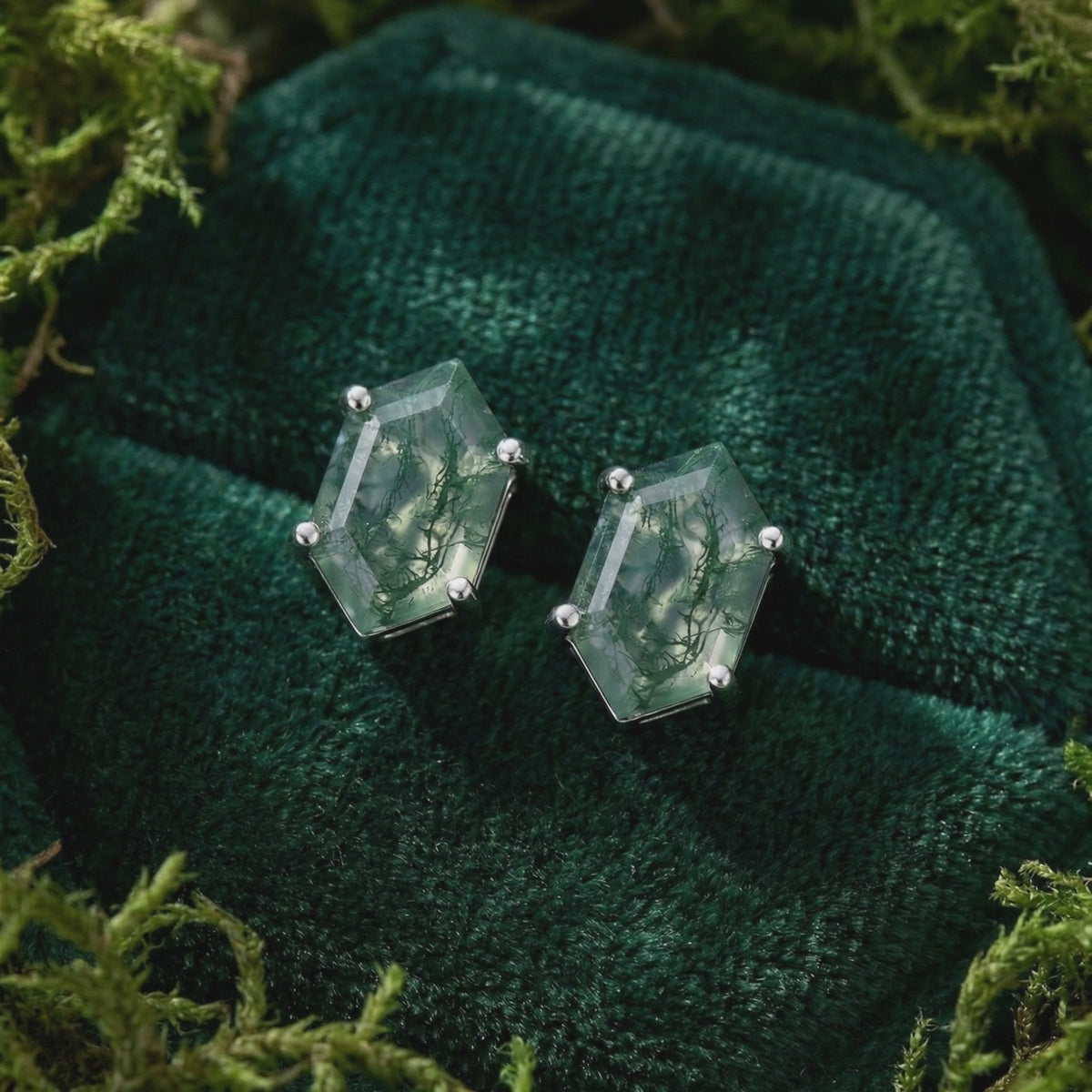 Natural moss agate coffin cut stud earrings in solid gold.