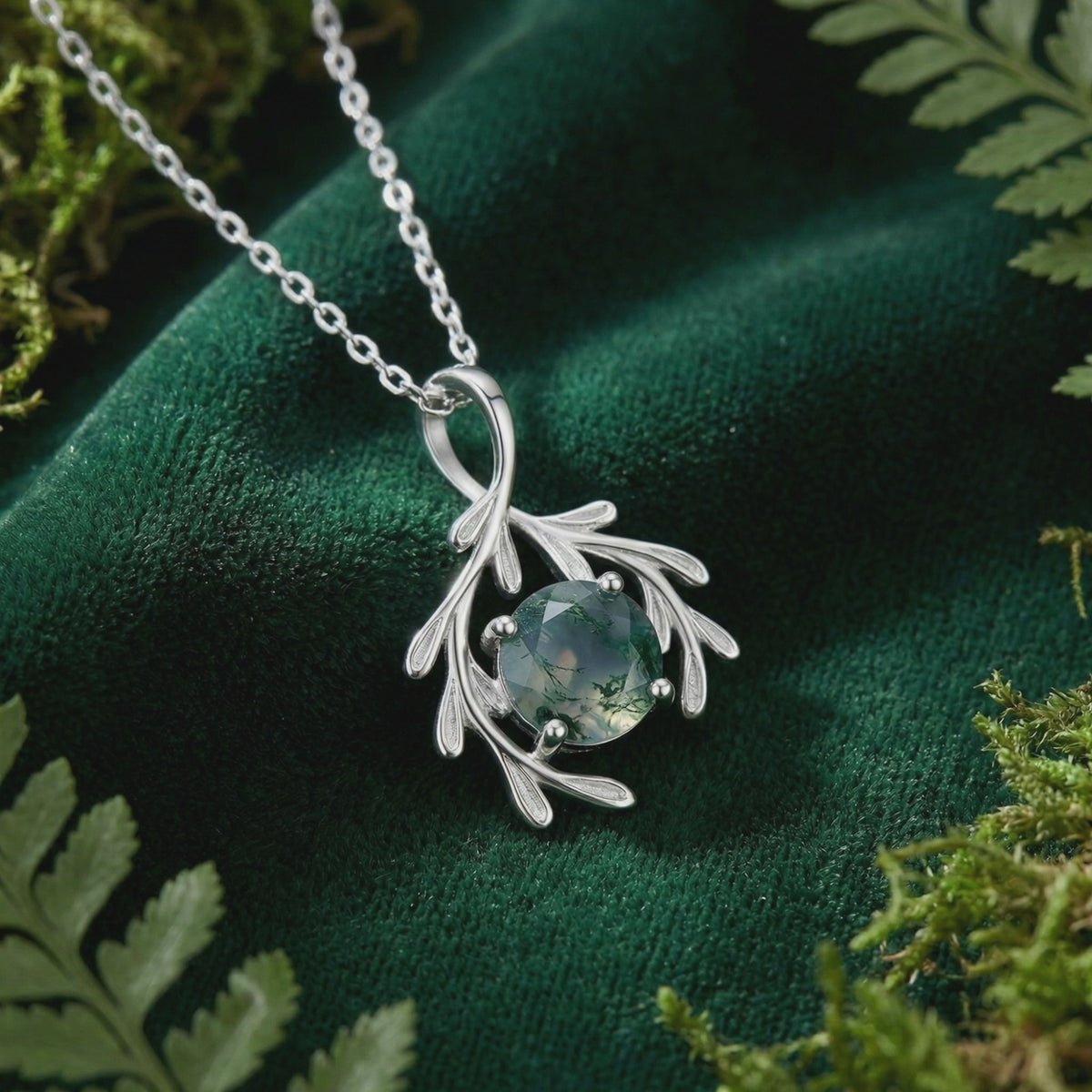 Botanical moss agate pendant necklace in solid gold.