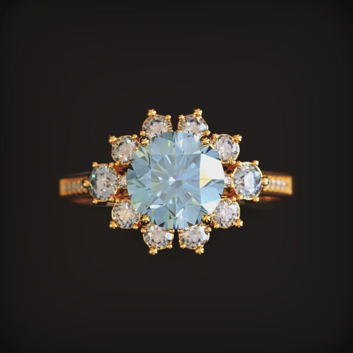 A blue moissanite halo ring in solid gold.