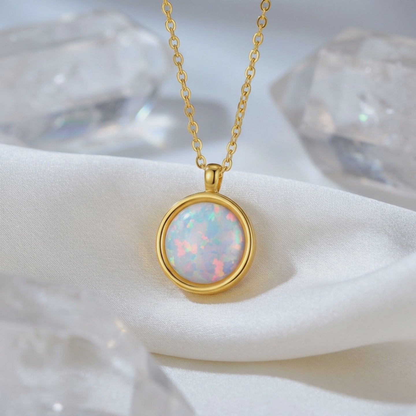 Natural opal halo solid gold necklace.