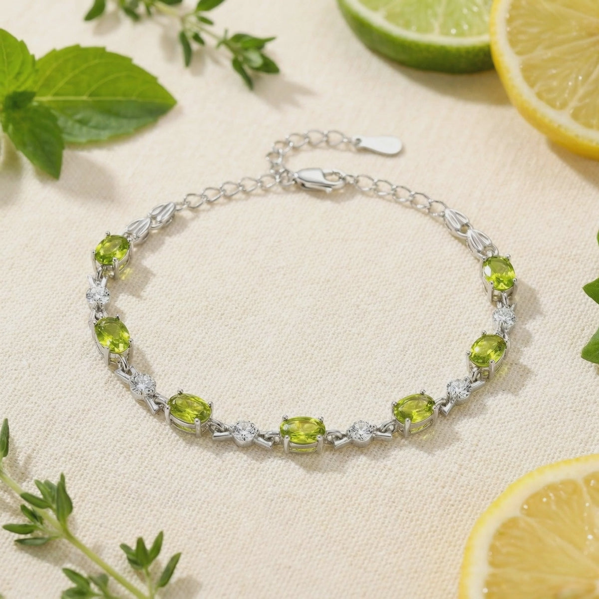 A video showcasing the oval simulated peridot tennis bracelet crafted in solid gold.